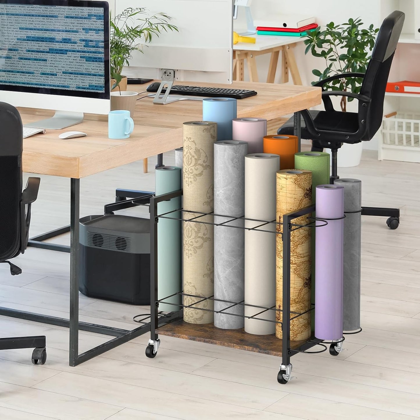 Blueprint Storage Rack Cart,18 Slots Blueprint Holder with Wheels,Used for Wrapping Paper Storage,Gift Wrapping Organizer Storage,Organizing Posters, Architectural Plans and Artwork Stably(Brown)