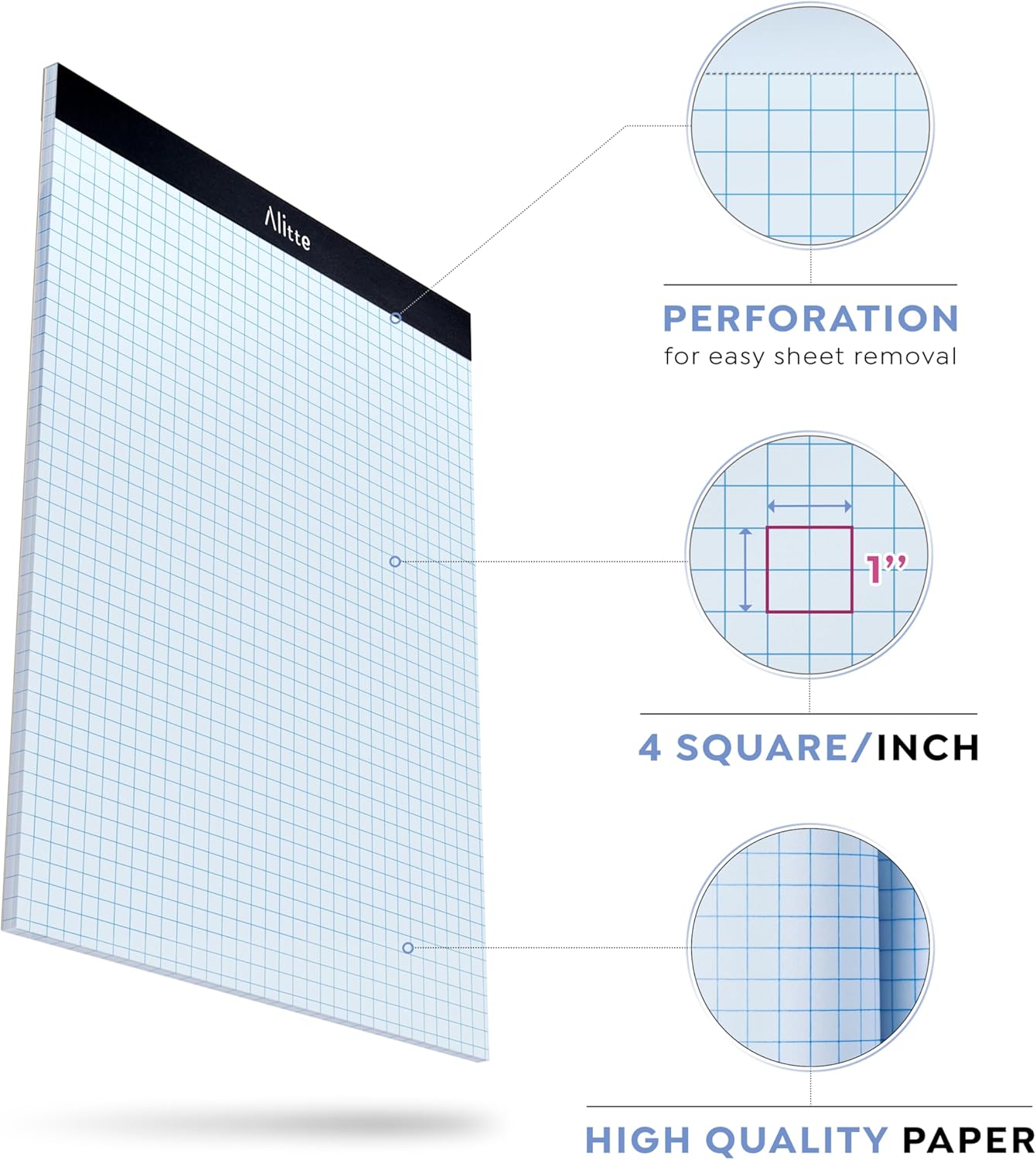 Graph Paper Pad, Pack of 1, White Letter Size - 4x4 Quad Grid Paper, Easy-Tear Perforations, 8.5 x 11 Cardboard Backing - Graph Notepads for School, Office -50 Sheets per Pad