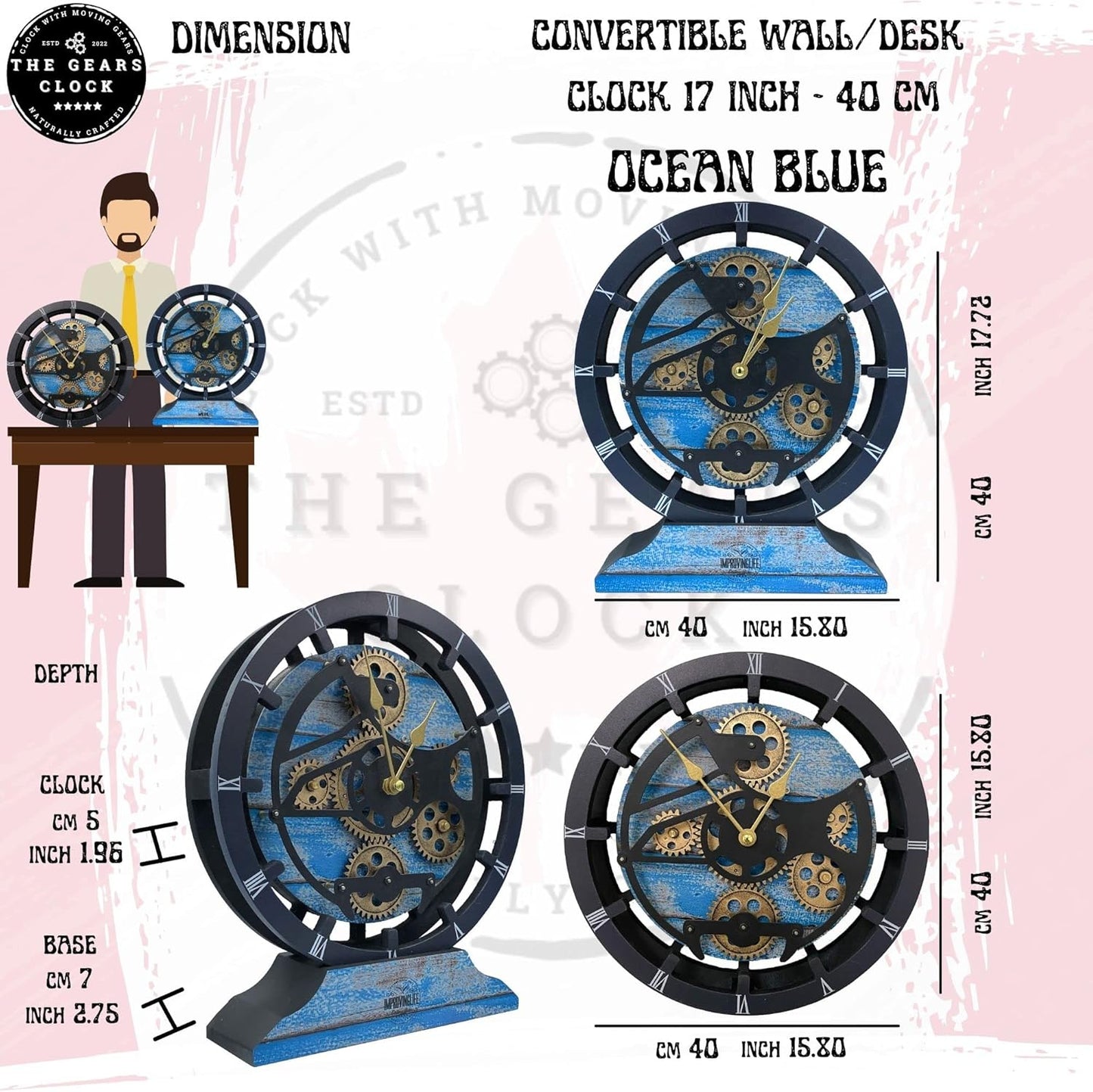 The Gears Clock 16 inches Wall Clock with Real Moving Gears Convertible into a Big Mantel Clock (Ocean Blue)