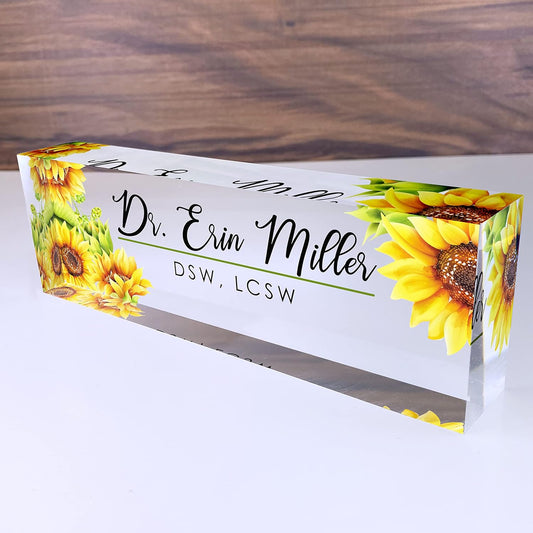 Artblox Office Desk Name Plate Personalized | Custom Name Plates for Desks | Sunflowers Design On Clear Acrylic Glass | Office Desk Decor - (8" x 2.5")