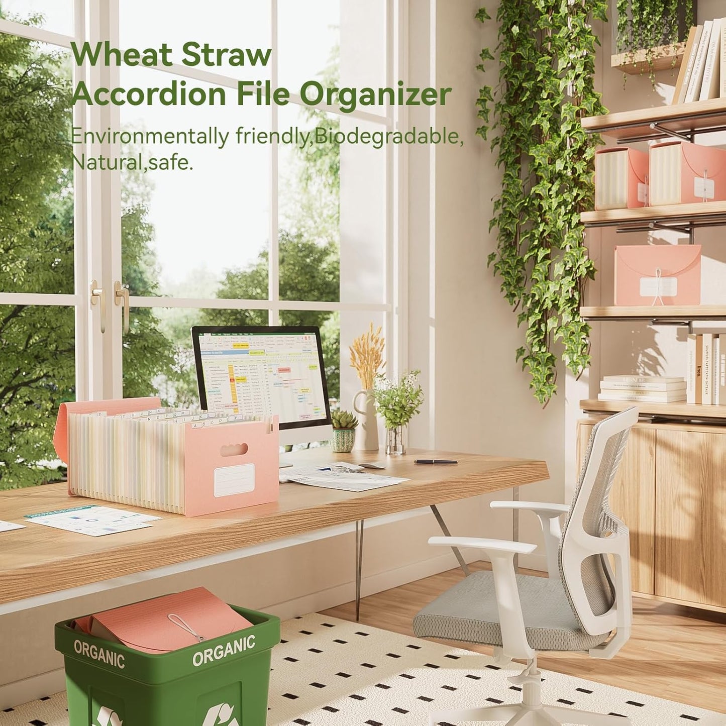 Accordion File Organizer, 26 Pockets Wheat Straw Expanding File Folder, Monthly Bill Receipt Organizer,A-Z Tabs,100% BPA Free,Return to Nature Healthy Living,Letter/A4 Size - Strawberry Pink