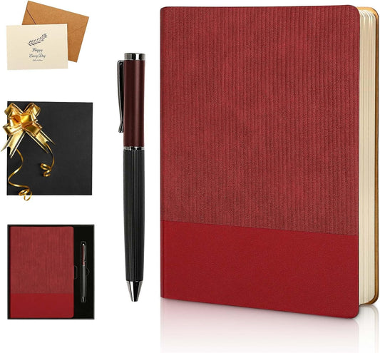 A5 Lined Notebook with Pen & Gift Box 216 Pages PU Leather Journals for Women Men 100GSM Thick Paper College Ruled Notebook for School,Travel,Business,Work,Home Writing (A5 Lined 216pages, Red - Gift Box Set)
