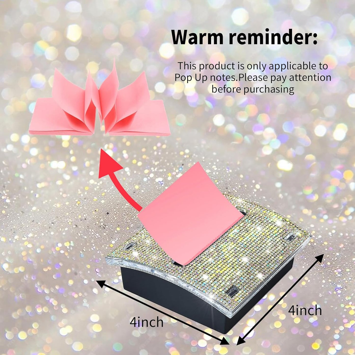 Rhinestone Self Sticky Note Holder Post it Note Dispenser Pop-Up Sticky Notes Dispenser 3 x 3 inch Post it Dispenser for Office Desk Accessories(Gold)