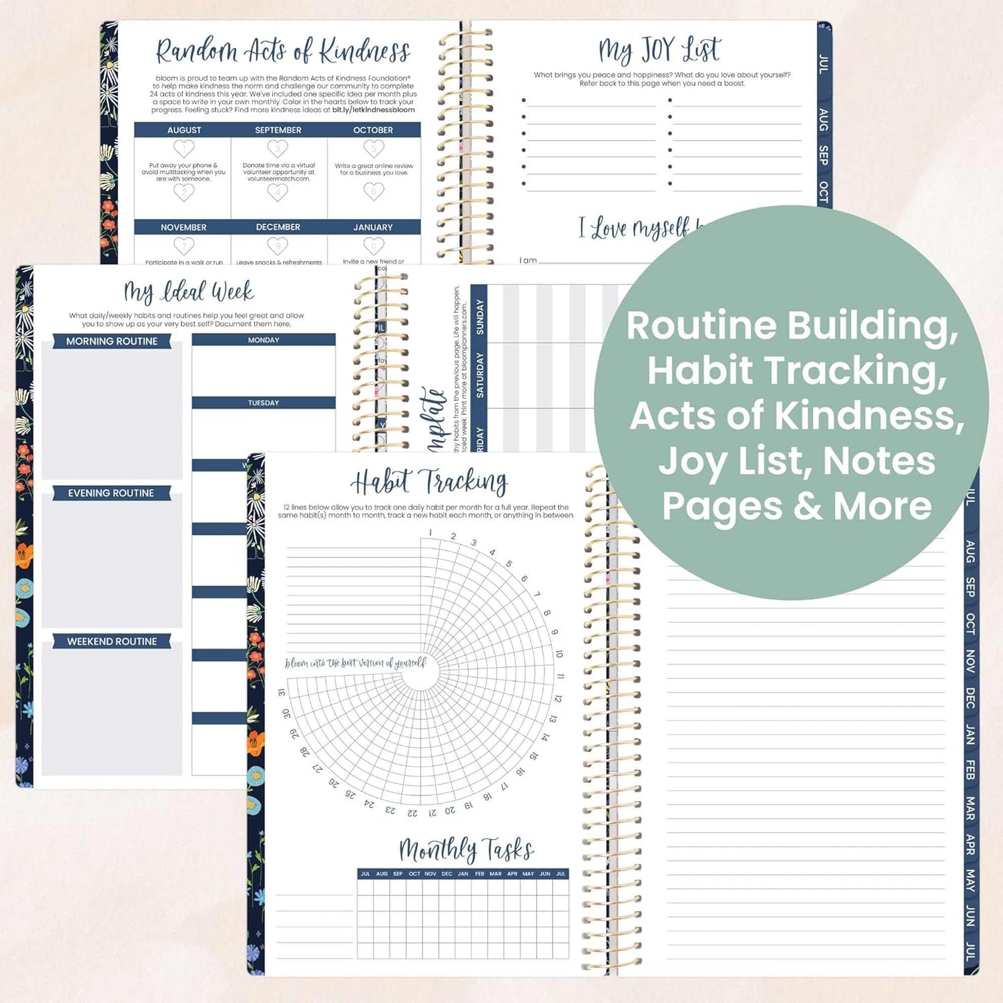 bloom daily planners 2025-2026 Academic Year Daily Planner (July 2025 - July 2026) - A5 Weekly & Monthly Calendar Agenda Organizer Book with Stickers - 5.5" x 8.25" - Garden Party, Navy