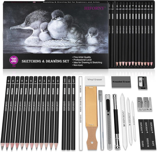 HIFORNY 30 PCS Sketching Drawing Pencil Set,Sketch Pencils Art Supplies with Graphite,Charcoal,Blending Tools,Accessories,Drawing Kit for Adults Artists