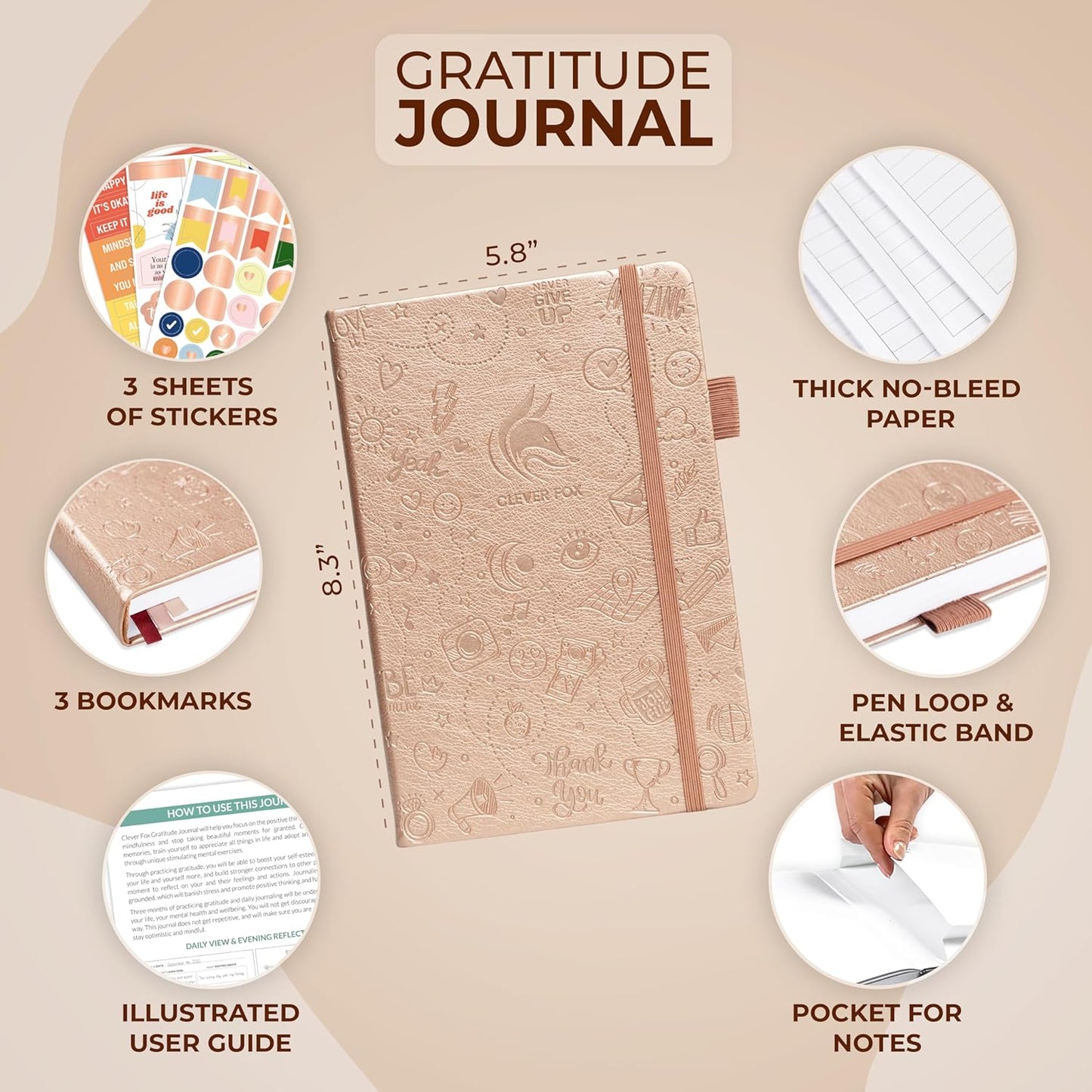 Clever Fox Gratitude Journal – Happiness, Positivity & Affirmation Daily Journal – Inspirational Daily Notebook – 3 Months, A5 (Rose Gold)