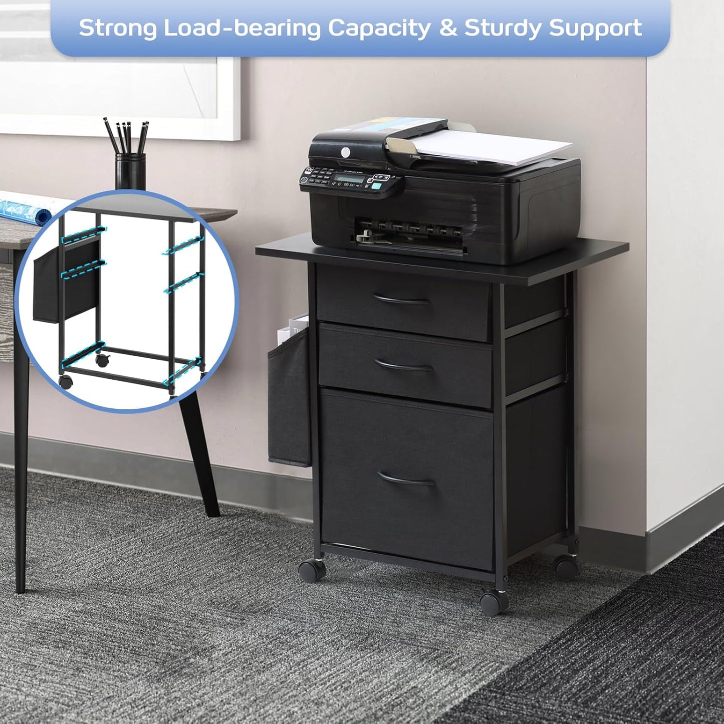 Printer Stand with 3 Fabric Drawer, Mobile File Cabinet for Home Office with Storage Bag, Rolling Under Desk Organizer Shelf, Fits A4 or Letter Size, Complete Top Plate Fast Assembly (Night Black)