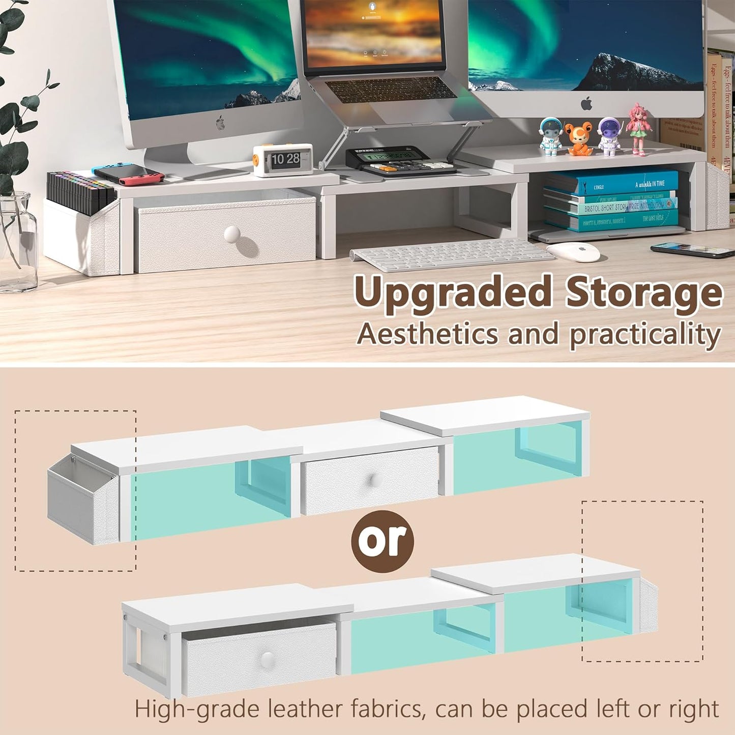 LAND·VOI Heavy Duty Dual Monitor Stand, Holds 2 Screens Up to 27 Inches, Adjustable Length and Angle Monitor Riser, Desk Organizer with Side Pockets and Drawers, Home Office Desk Storage, White