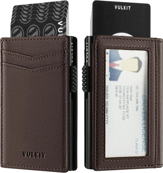 VULKIT Men's Wallet with ID Window Top Grain Leather RFID Blocking Minimalist Wallet Pop Up Card Holder Magnetic Closure