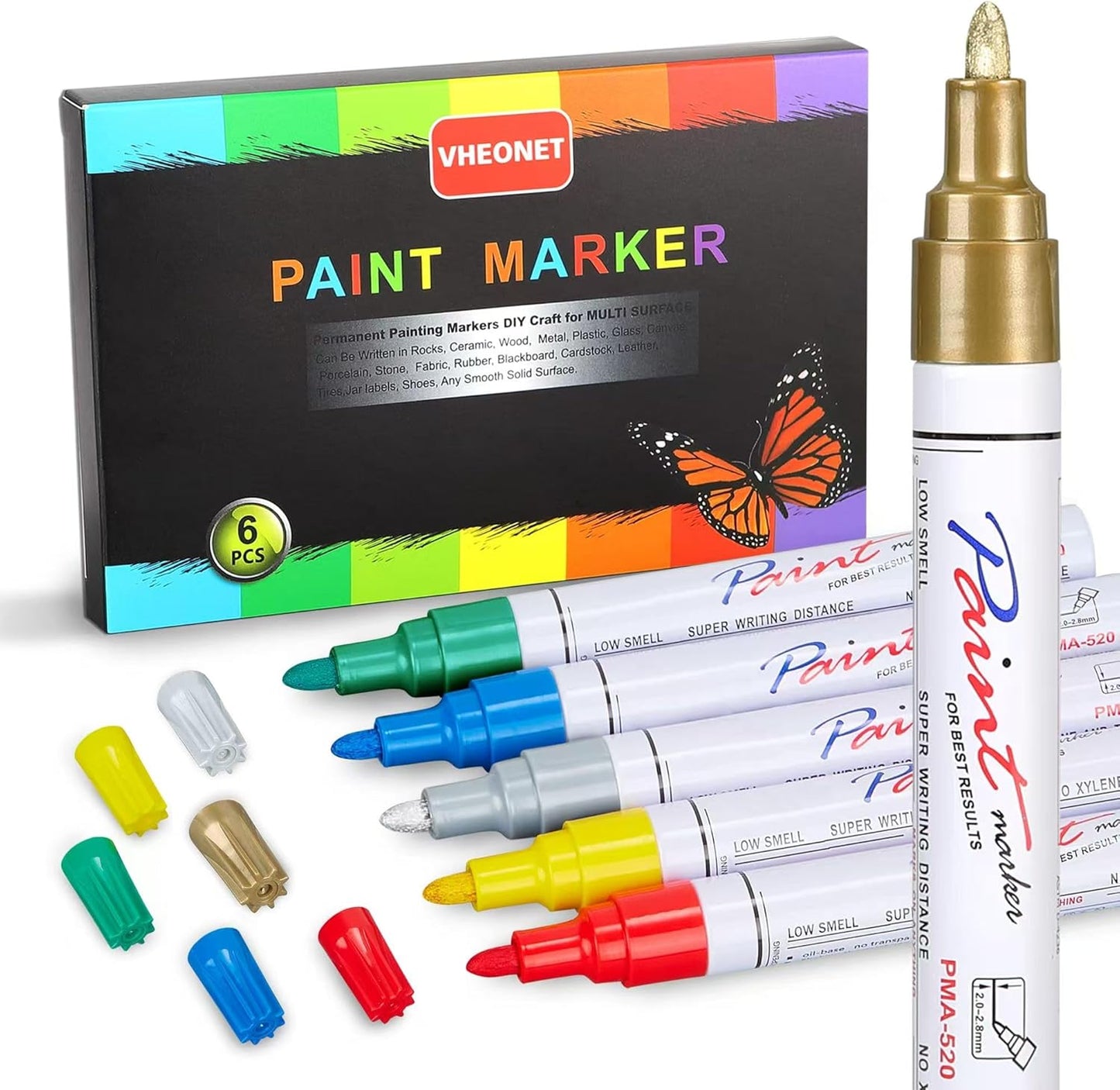 Paint markers, 6 colors oil-based waterproof quick dry permanent pen set for rocks painting, wood, fabric, plastic, canvas, glass, metal, tire, stone, diy craft (Gold Sliver Red Yellow Blue Green)