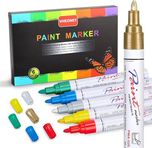 Paint markers, 6 colors oil-based waterproof quick dry permanent pen set for rocks painting, wood, fabric, plastic, canvas, glass, metal, tire, stone, diy craft (Gold Sliver Red Yellow Blue Green)