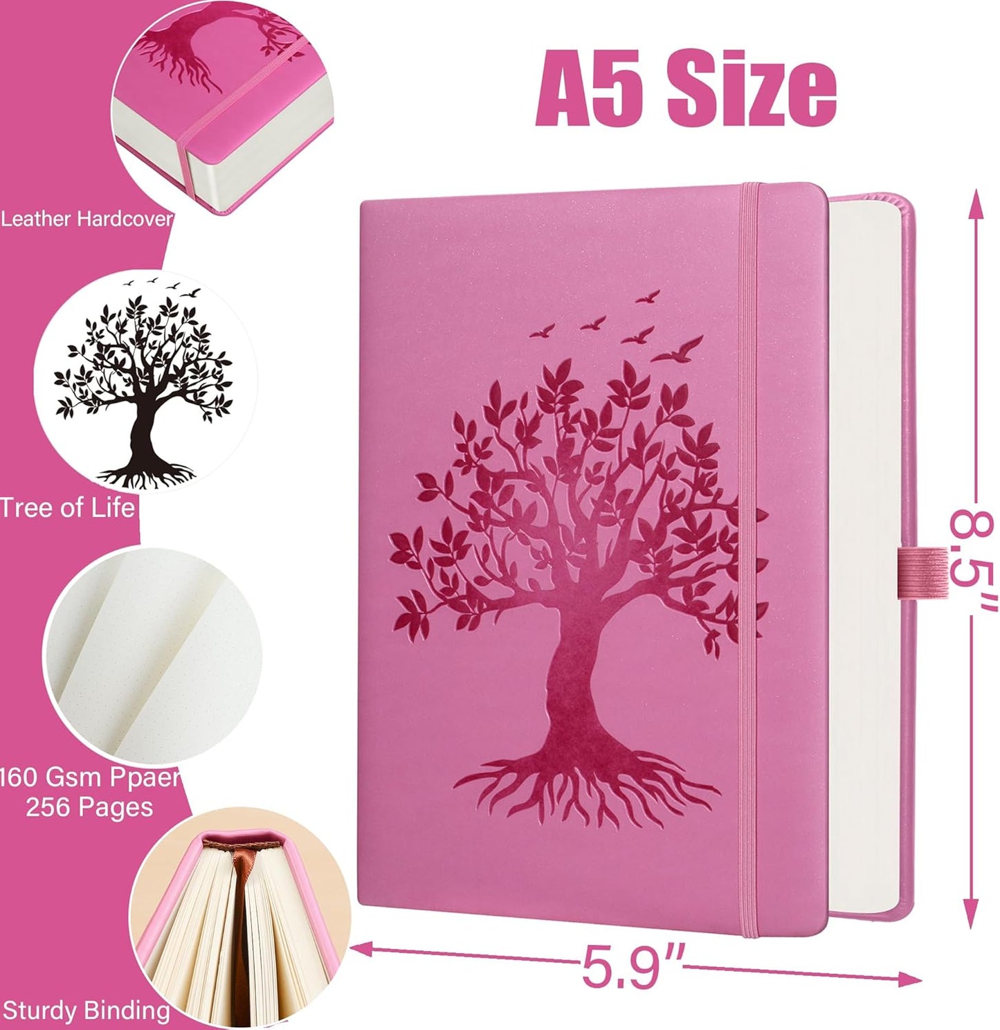 ZXHQ A5 Bullet Dotted Journal Notebook for Women -150gsm Thick Paper, 256 Pages, Dot Grid Hardcover, Tree of Life Design, Fine Inner Pocket - 5.9" × 8.5" Pink
