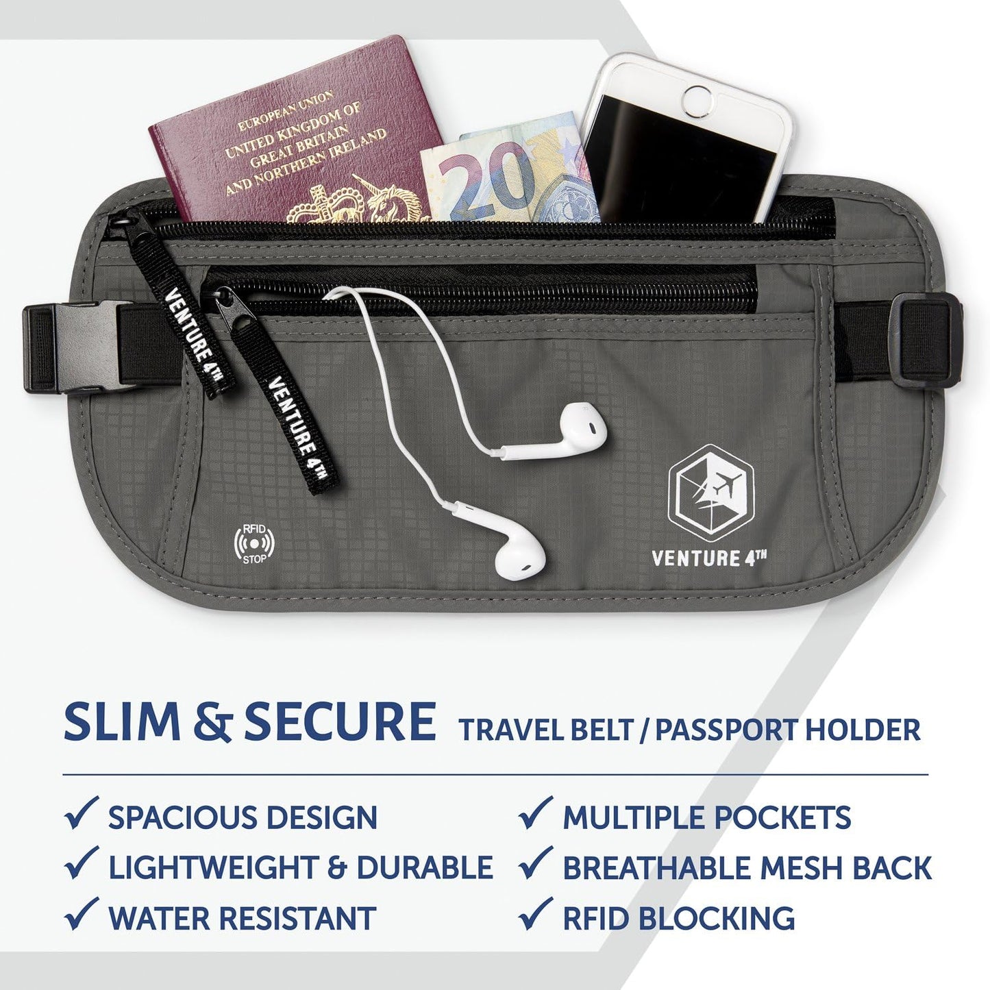 VENTURE 4TH Travel Money Belt - Slim Passport Holder RFID Blocking Travel Pouch to Protect Cash, Credit Cards and Travel Documents (Gray)