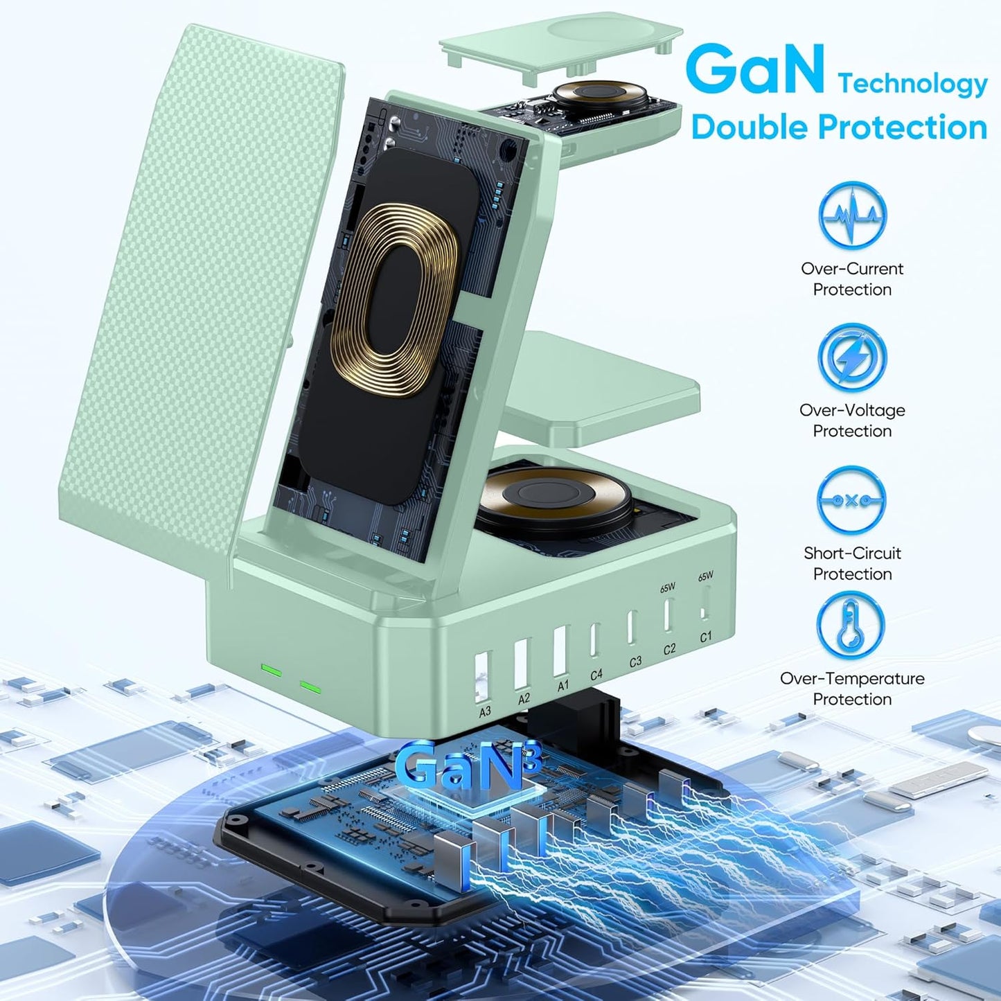 300W Charging Station for Multiple Devices Apple, Zutspzss 10 in 1 Wireless Charger for iPhone 16, GaN III USB C 65W PD Fast Charging Stand Dock for MacBook, Apple Watch&Airpods,Green