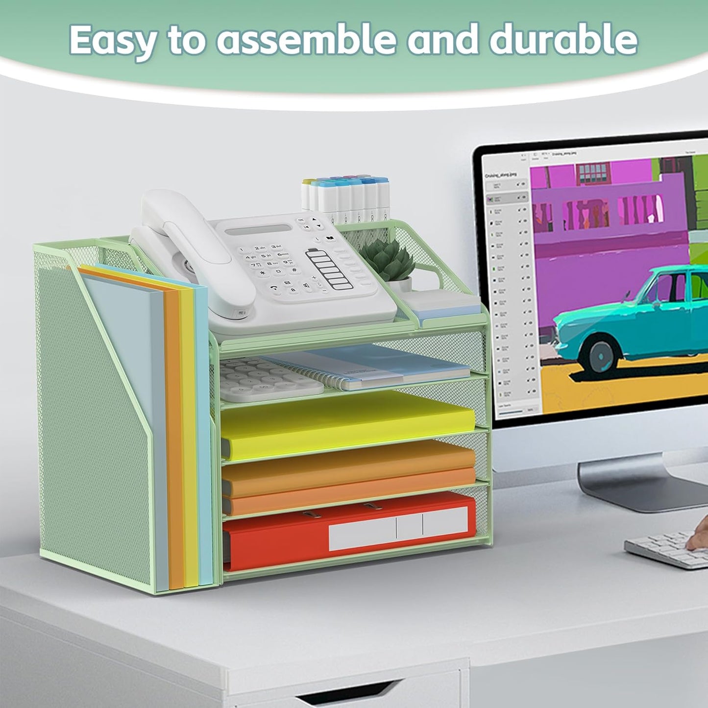 DocNest 5 Tier Paper Letter Tray File Organizer, Mesh Desk File with Handle, Workspace Desk Organizers with Pen Holder, Office Organization Storage Accessories - Green