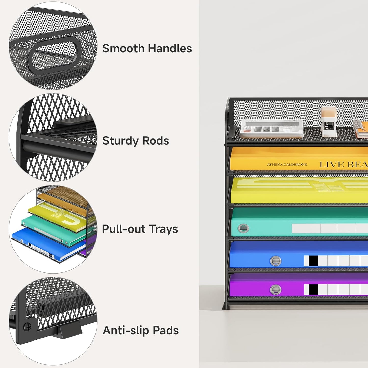 6 Tier Paper Organizer with Handle, Metal Desk Organizer Mesh Paper Letter Tray Desktop File Folder Document Sorter for Classroom, School, Office Accessories Organization and Storage - Black