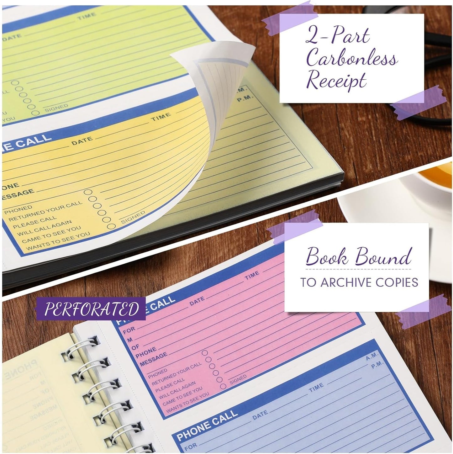 Sinmoe 10 Pcs Spiral Bound Phone Message Book with Carbon Copy 5-1/2" x 11" 2 Part Colorful Carbonless Telephone Message Pads Duplicate Spiral Phone Call Log Book for Business Office (Purple,Blue)