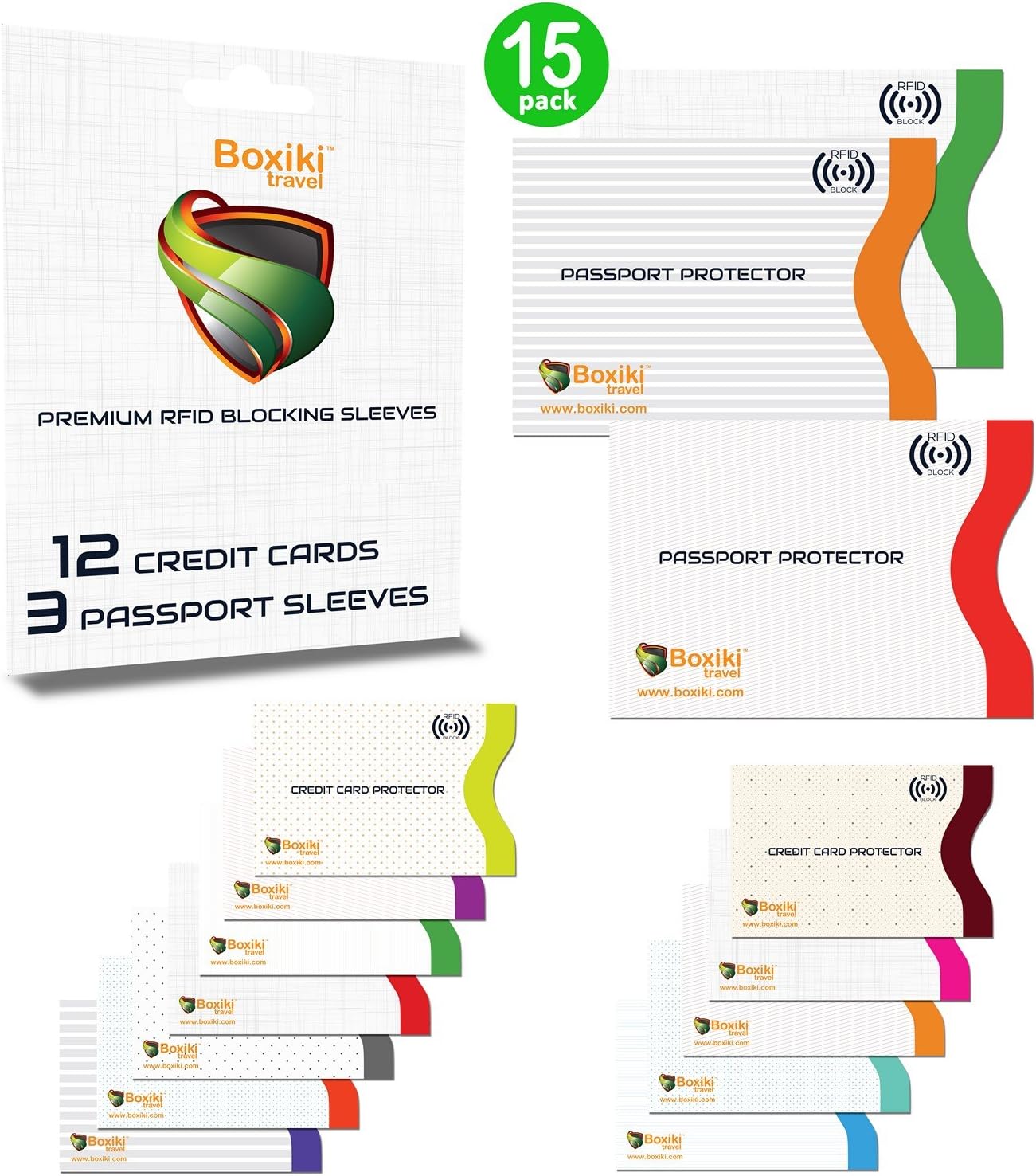 Boxiki Travel Set of 15 RFID, Set with Color Coding | Identity Theft Prevention RFID Blocking Envelopes and Passport Covers (White Collection)