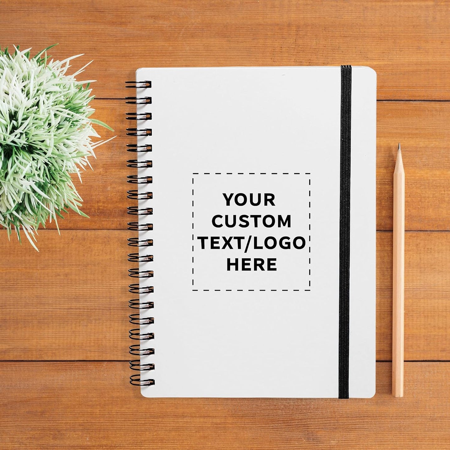 10 White Spiral Notebooks with Elastic Band Pack - Customizable Text, Logo - 80 lined pages, Recycled - Black