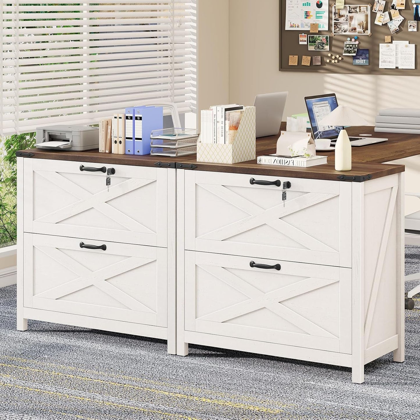 Lateral File Cabinet with 2 Large Drawers, Farmhouse File Cabinet with Lock for Letter/Legal/A4 Size Hanging Files, Wood File Storage Cabinets Printer Stand for Home Office Cabinets, Rustic White