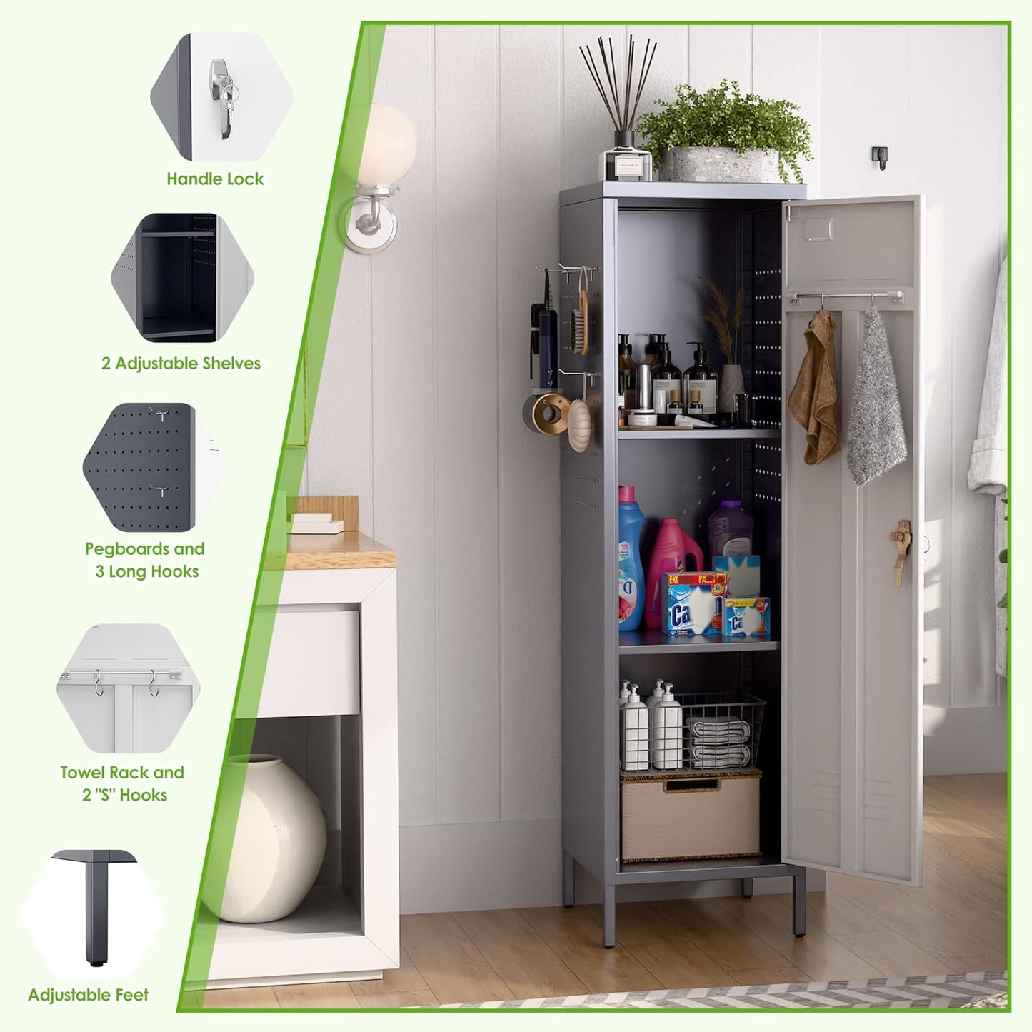 Aobabo Metal 54" H Metal Storage Locker for Employees, Lockable 1 Door with Towel Rack and 2 Side Pegboards with Hooks for Home School Office Gym, Assembly Required (Gray White)