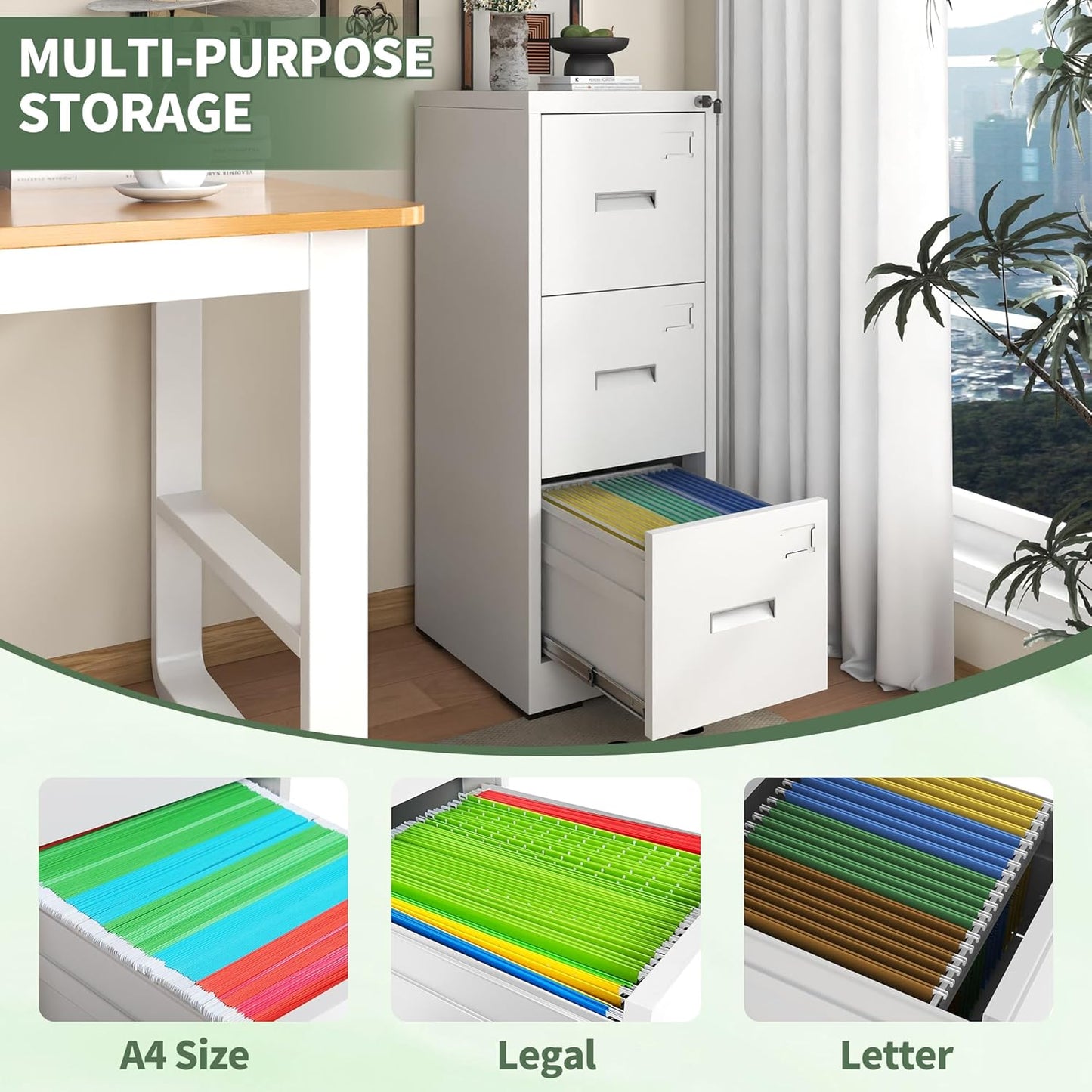 3-Drawer Locking Vertical File Cabinet, Metal Storage Cabinet for Office/Home – Secure Vertical Filing for Letter/Legal/A4/F4 Documents, Easy to Assemble Steel Cabinet (White, 3 Drawer-15W)