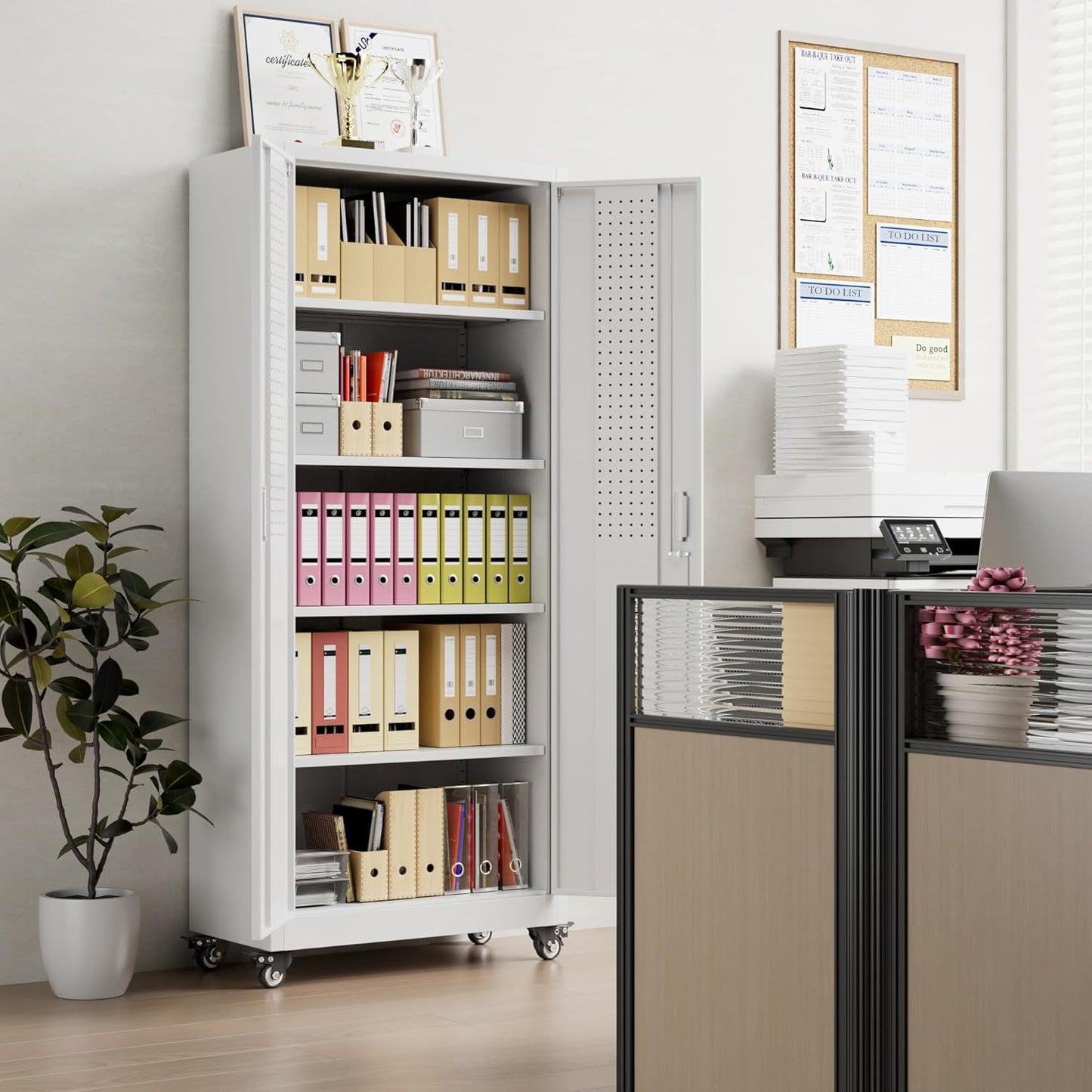 Aobabo 73''H Garage Storage Cabinet with Wheels,Office Storage Cabinet with Lock,Steel Cabinet with 2 Doors and 4 Adjustable Shelves for Garage Office,Required-Assembly White