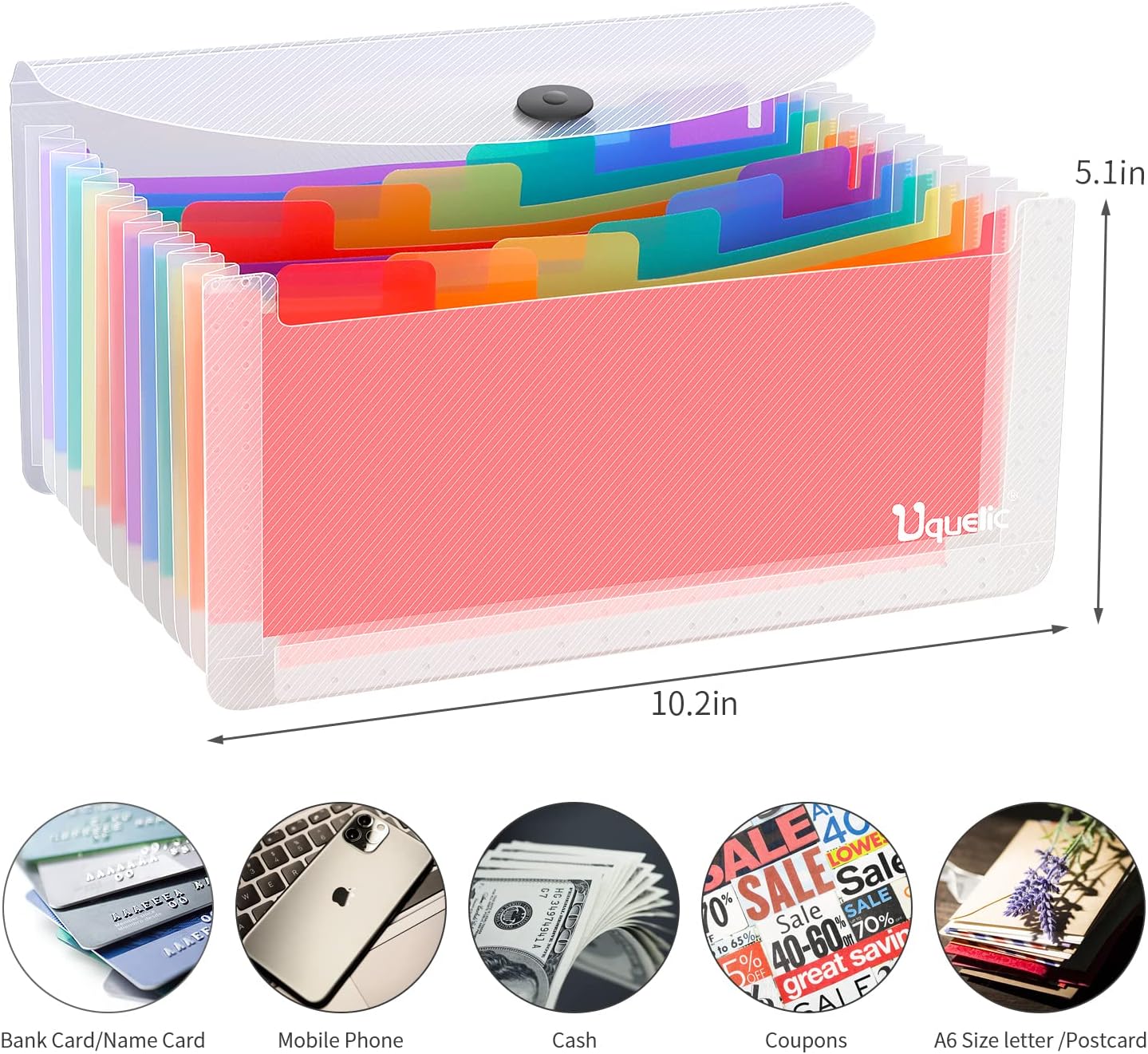 Uquelic 2 Pack File Organizer Stand -13 Pockets Expanding Coupons File Folder Organizer Storage, Rainbow Large Capacity Coupon Organizer with Label, Business Check Binder (Double Clear)