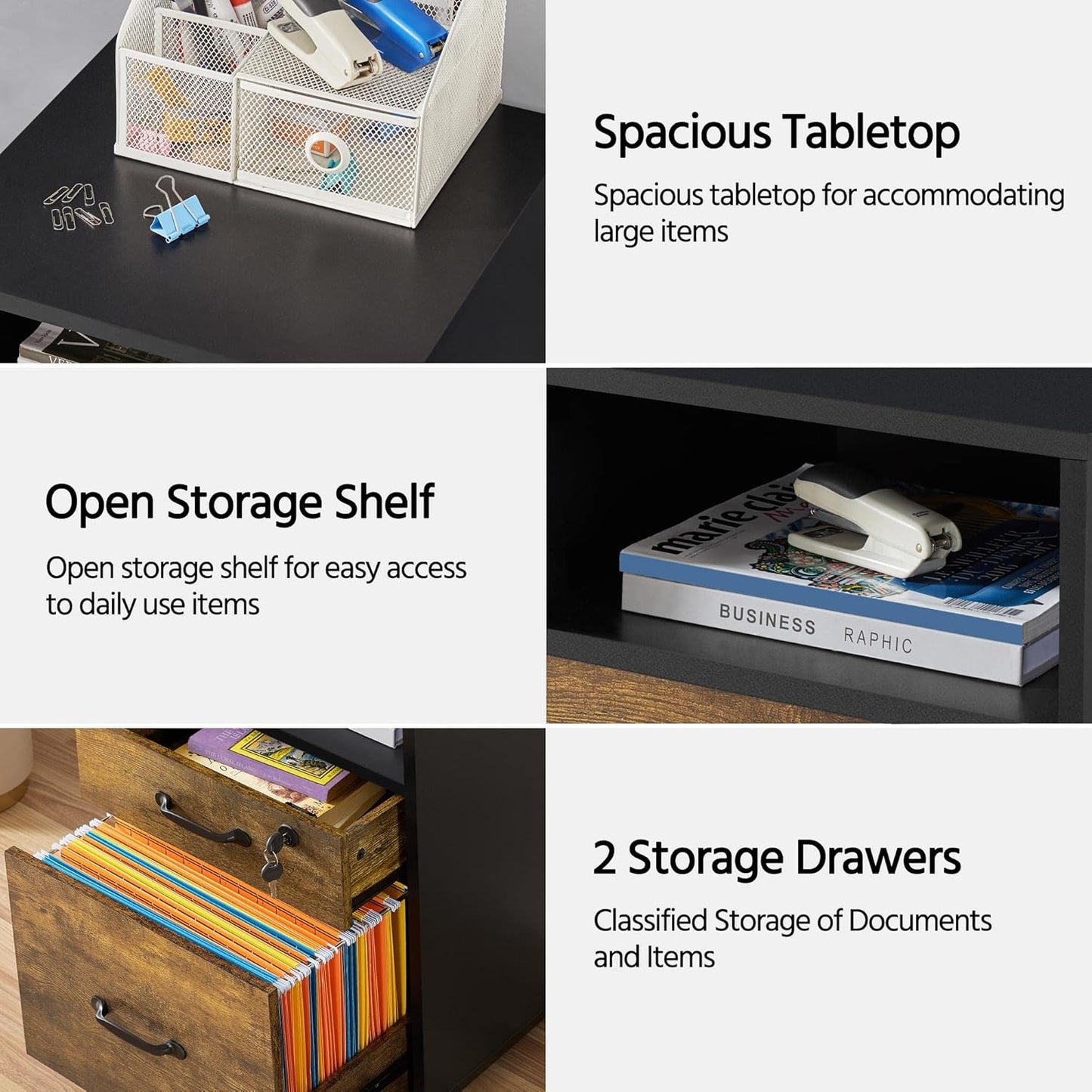 Yaheetech File Cabinet, Under Desk Vertical Cabinet With 2 Drawers and Open Compartment, Printer Stand with Lockable Wheels for A4 Letter Size Hangable File Folders for Home Office(Black/Rustic Brown)