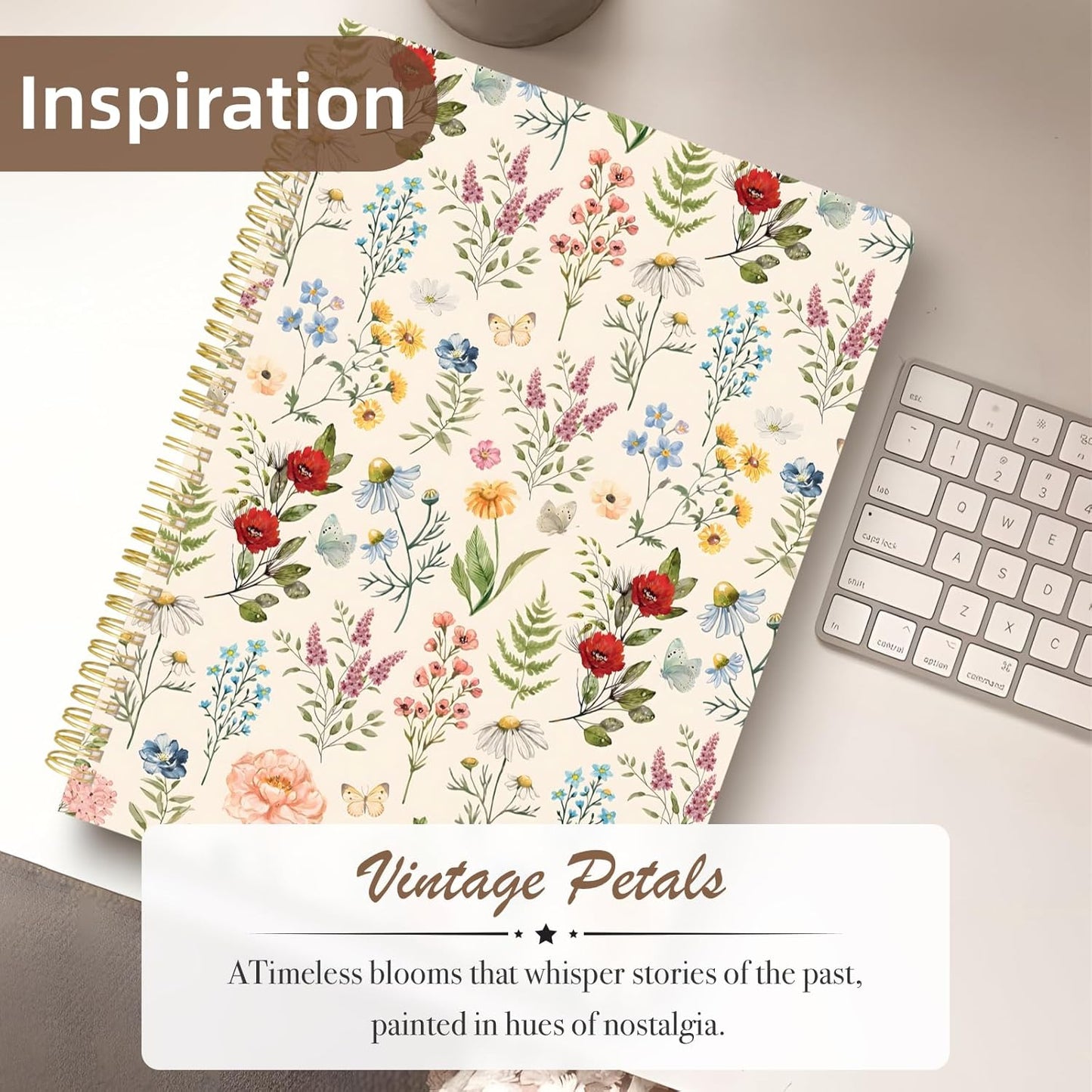 Cute Spiral Notebook journal A4 Aesthetic Pretty Design for Women Girls Kawaii with Pocket, 8.5 x 11 inch, Graph, Plant Flower