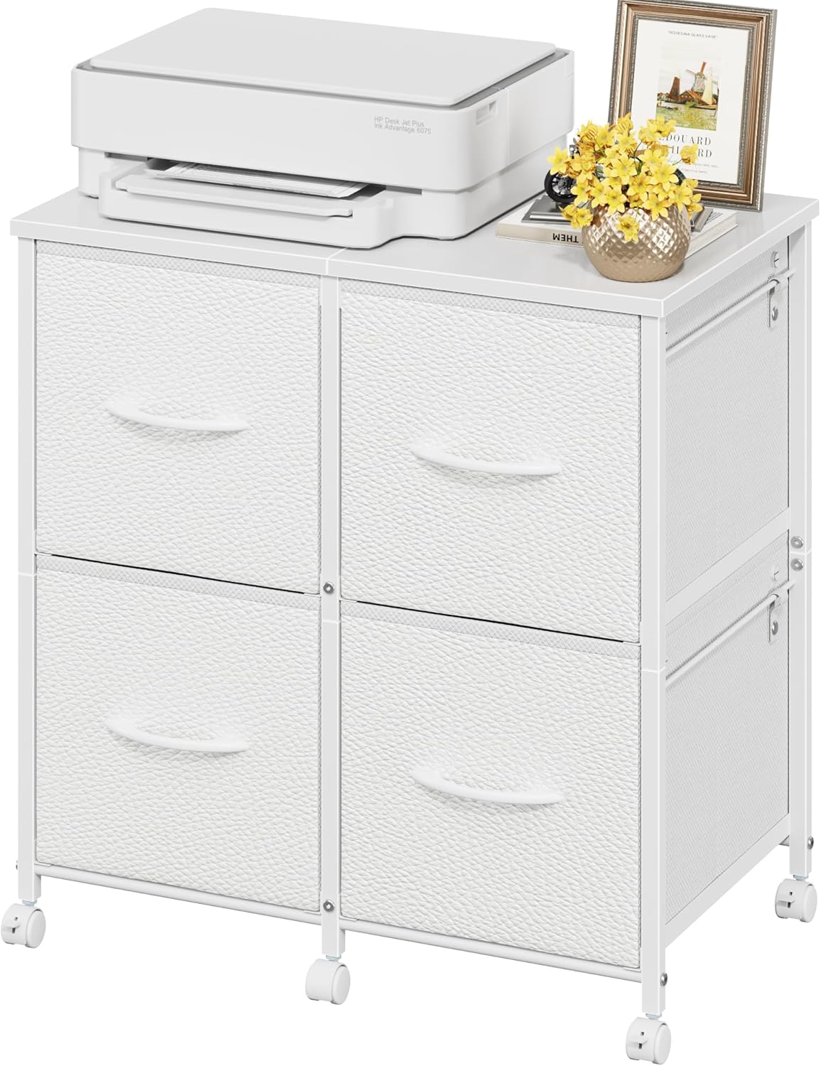 Lateral File Cabinet 4 Fabric Drawer, Mobile Filing Cabinet for Large Printer, Home Office Functional Small Office Storage Cabinet & Printer Stand, Fits A4/Letter Size, White