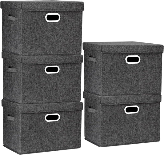TYEERS Large Storage Bins with Lids, Collapsible, Washable, Fabric Storage Boxes for Organizing, 17.3x11.8x11.4 inches, 5 Pack, Black