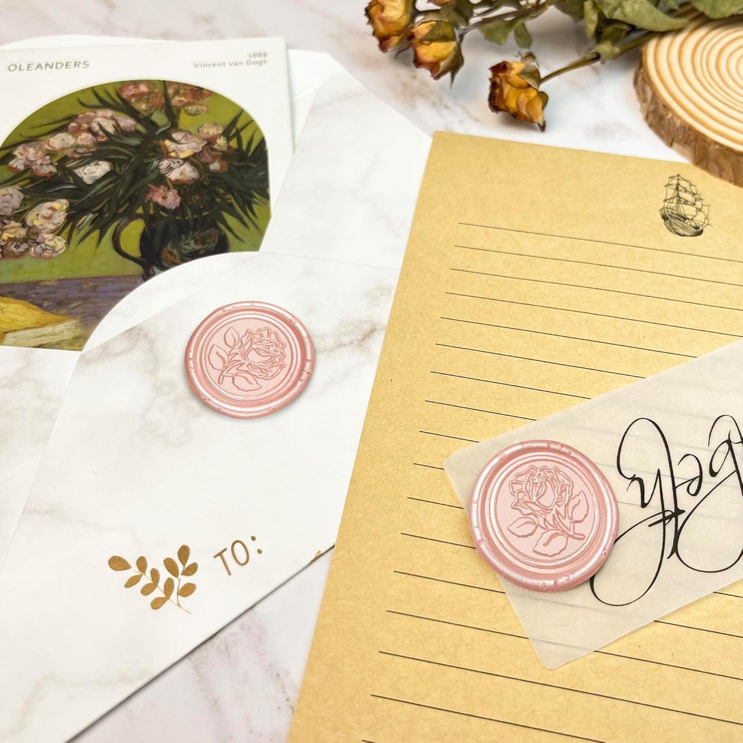 Pink Metal Vintage Rose Style Wax Seal Stickers, 50 Pcs - Waterproof, Self Adhesive, for Wedding Invitations, Envelope, Gift Wrap, Christmas