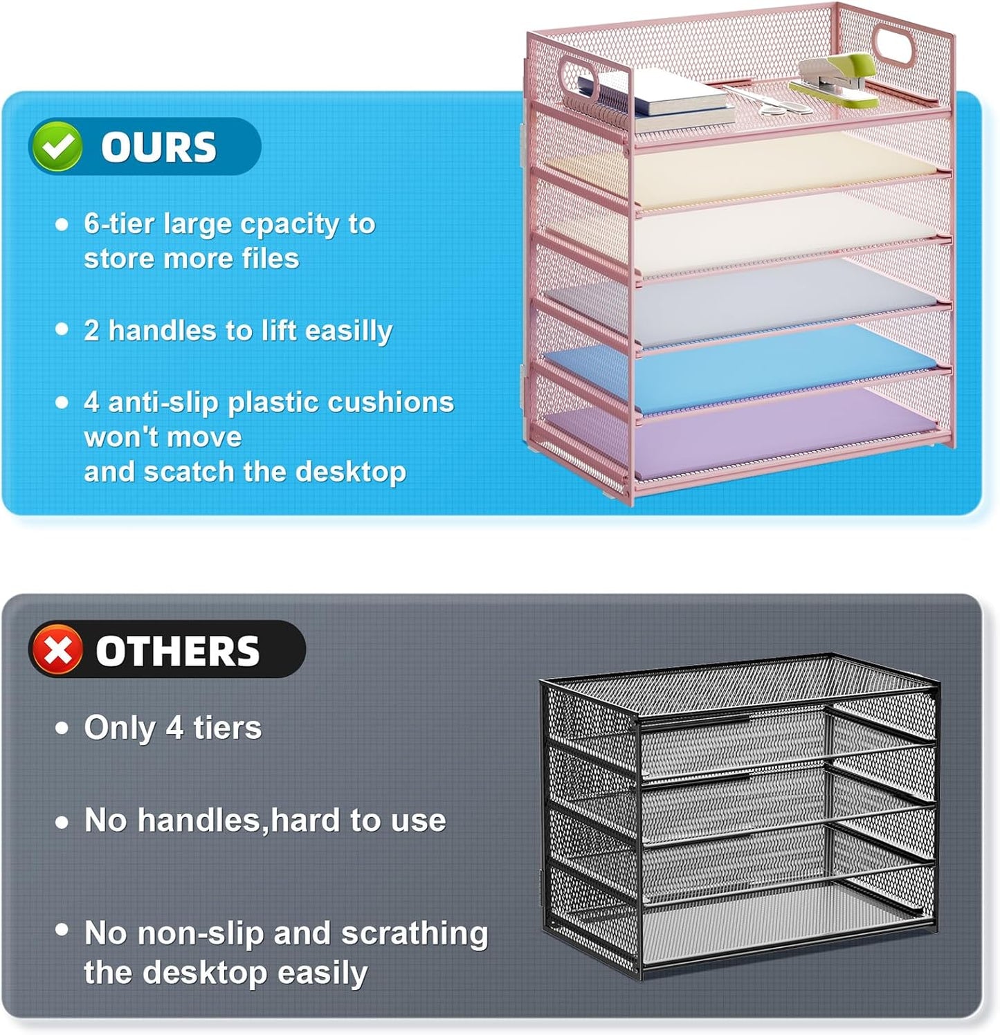 Marbrasse 2 Pack Desk Organizer with Handle, 6 Tier Paper Letter Tray, Mesh Desk File Organizer for Office, School and Home - Pink