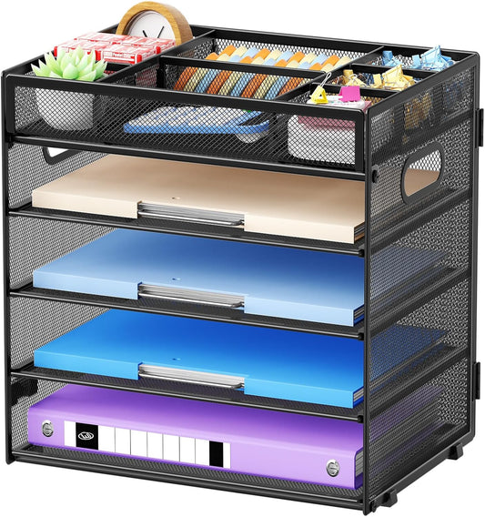 Marbrasse 5-Tier Letter Tray Paper Organizer with Handle, Multi-Functional Mesh File Organizer for Desk, Adjustable Compartments Mesh Desktop Storage for Office Supplies,Black