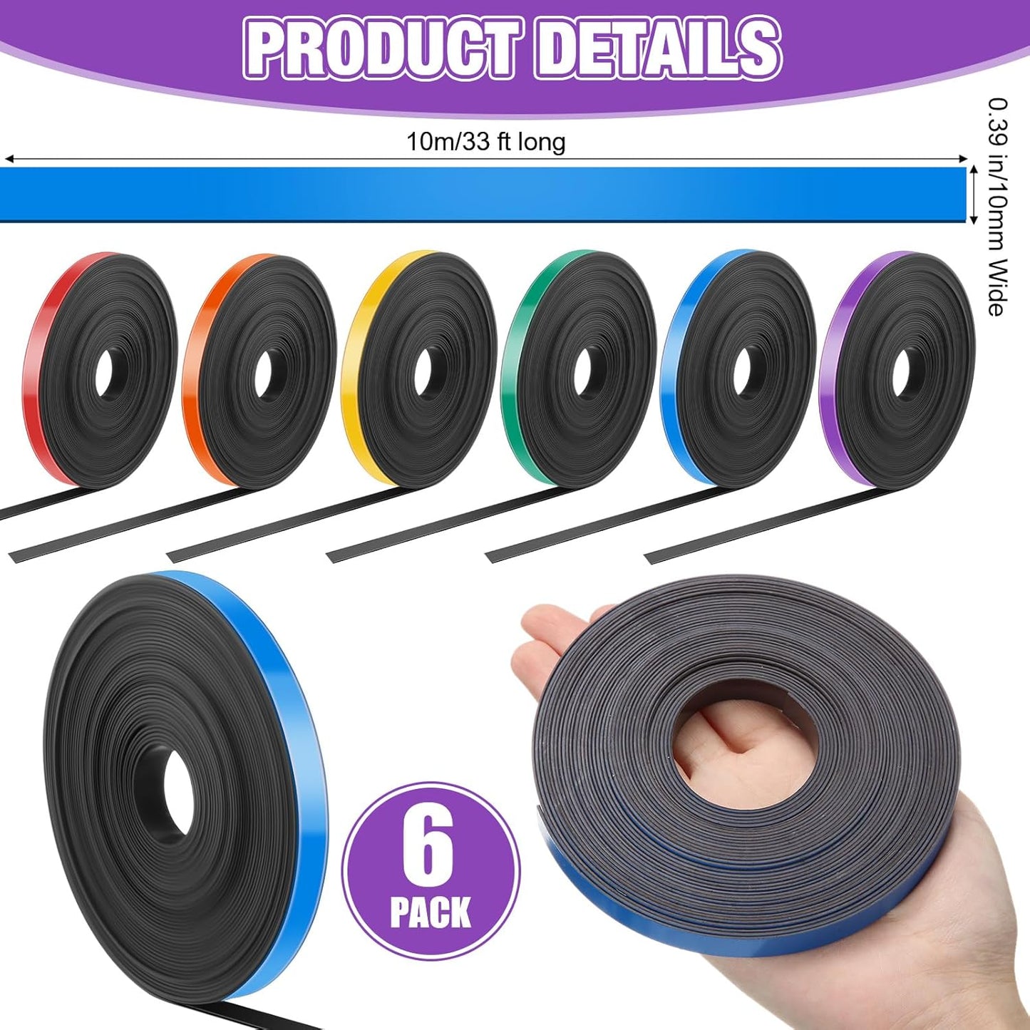 6 Rolls Magnetic Tape Roll Thin Strips, 33 ft Magnetic Whiteboard Graphic Decorative Tape Marking Line Magnet Board Dividers for Classroom Office Art Accessories (Mix Color,0.39 Inch)