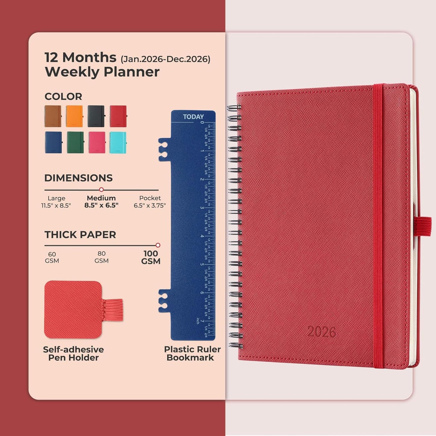 Planner 2026 Daily Weekly and Monthly,8.5"x6.5",12 Months Spiral Bound Calendar Agenda with Self-adhesive Pen Holder,2026 Appointment Book with Vegan Leather Soft Cover,Red
