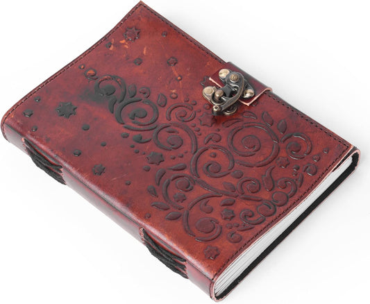 Vintage Brown Flower Embossed Leather Journal with Antique Clasp Lock – 200 White Page Deckle Edge Leather Bound Notebook – Notebook Journal for Writing, Drawing, Home, Office, Travelling