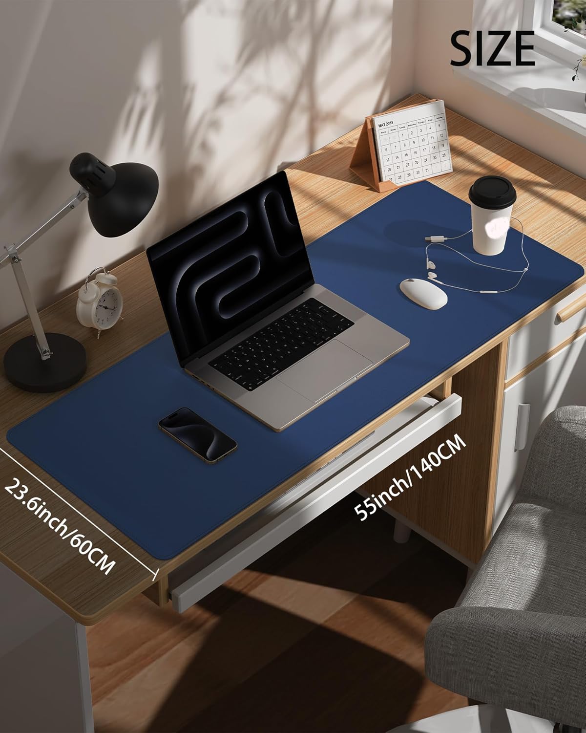 Extra Large Desk Pad Mat - Waterproof Mouse Pad & Desk Protector, Non-Slip XXL PU Leather Gaming Mat for Keyboard/Mouse, Stitched Edge with Ergonomic Support, 55"x24" (Blue)