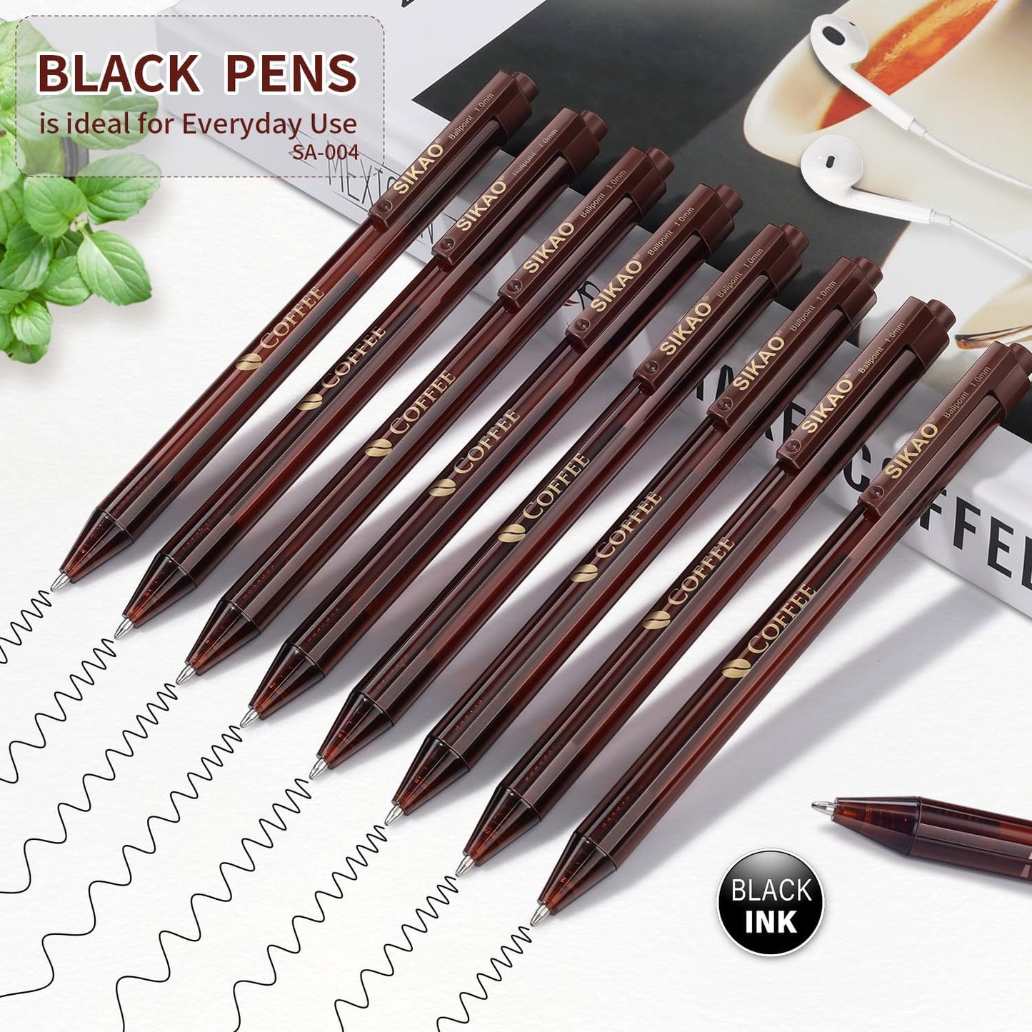Pens Bulk, Coffee 60Pack Ballpoint Pens for Smooth Writing No Smear, Black Ink Medium Point 1.0mm, Retractable Click Ball Point Pens, School Office Supplies (Black ink)