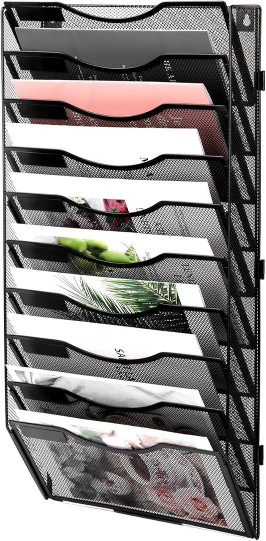 EasyPAG Wall File Holder Organizer 10 Pocket Mesh Hanging Wall Mounted Document Paper Folder Filing Magazine Rack with Nametag Label for Office Home School, Black