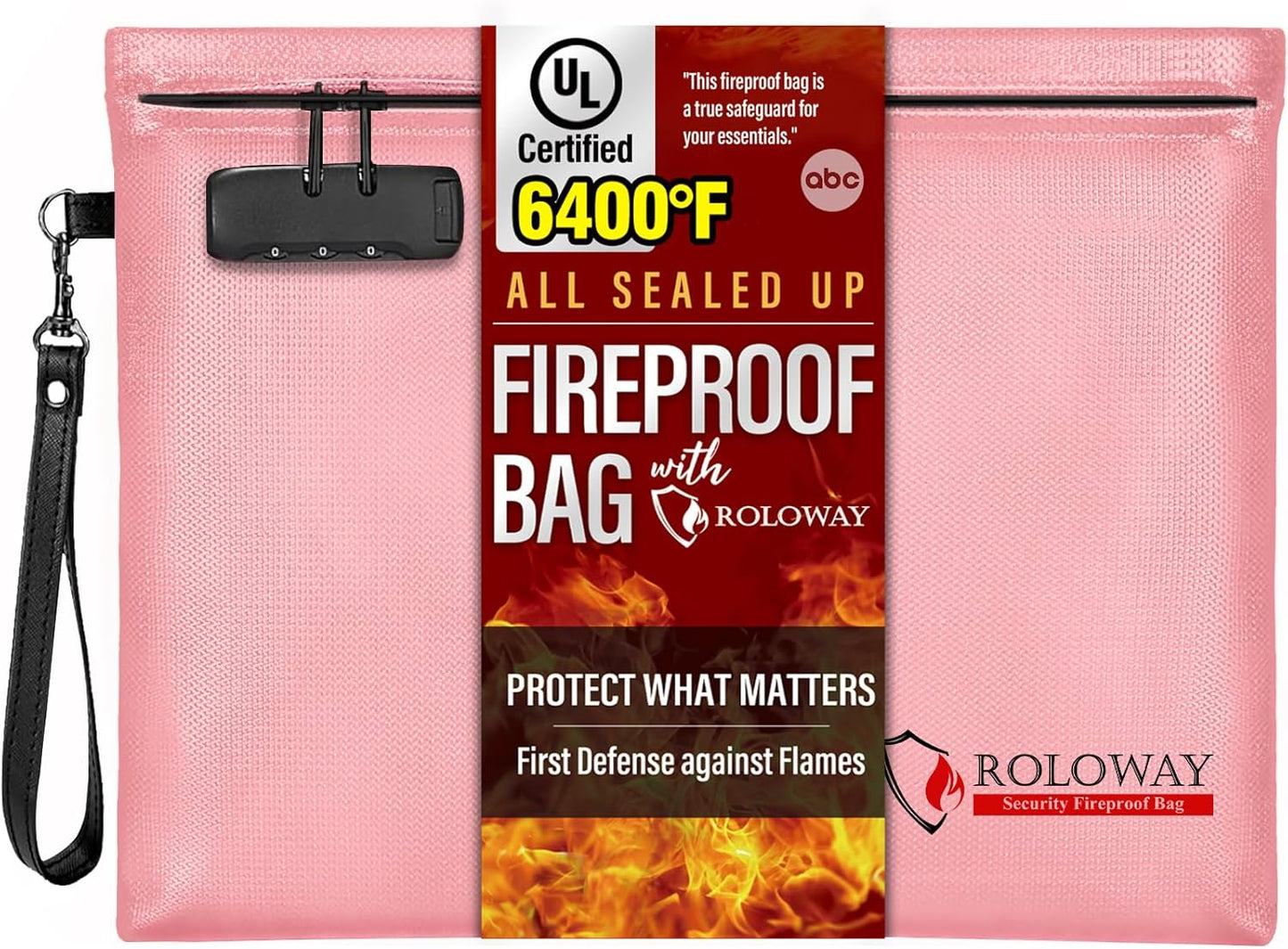 ROLOWAY Fireproof Document Bag (14.5 x 11.5 inch), 6400℉ Fireproof Money Bag with Zipper for Cash, Fire Safe Money Pouch with Lock (Pink)