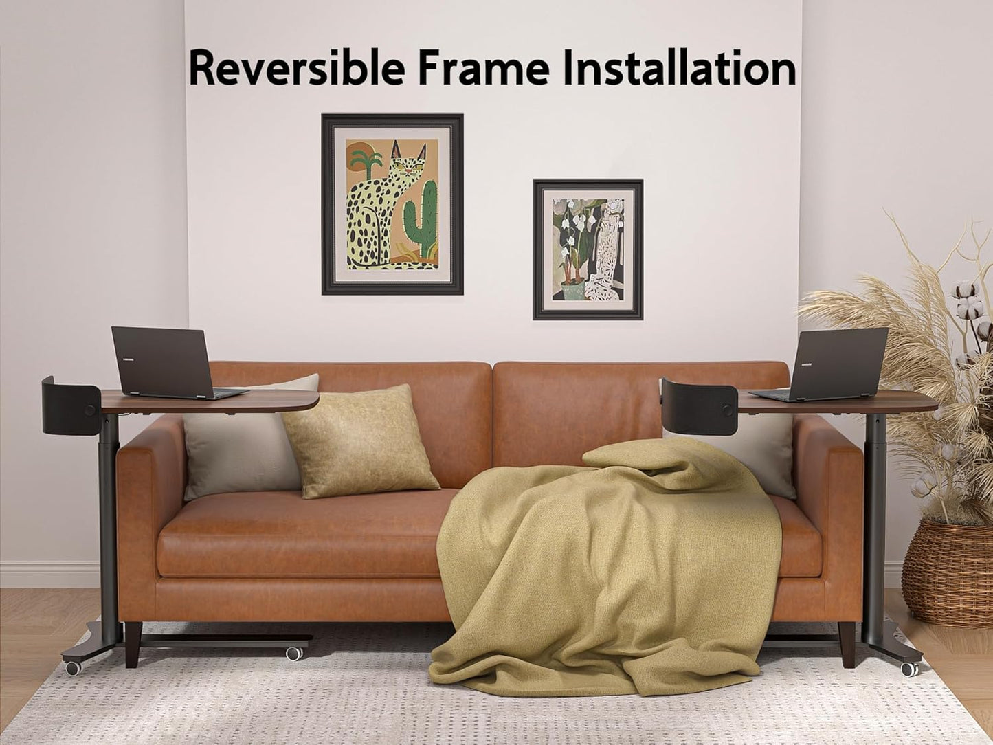 Pneumatic Mobile Standing Desk with Drawer, 28"-43" Height Adjustable, Rolling Desk with Leather Fence & 360° Wheels, for Home/Office (Left/Right Convertible), Dark Walnut