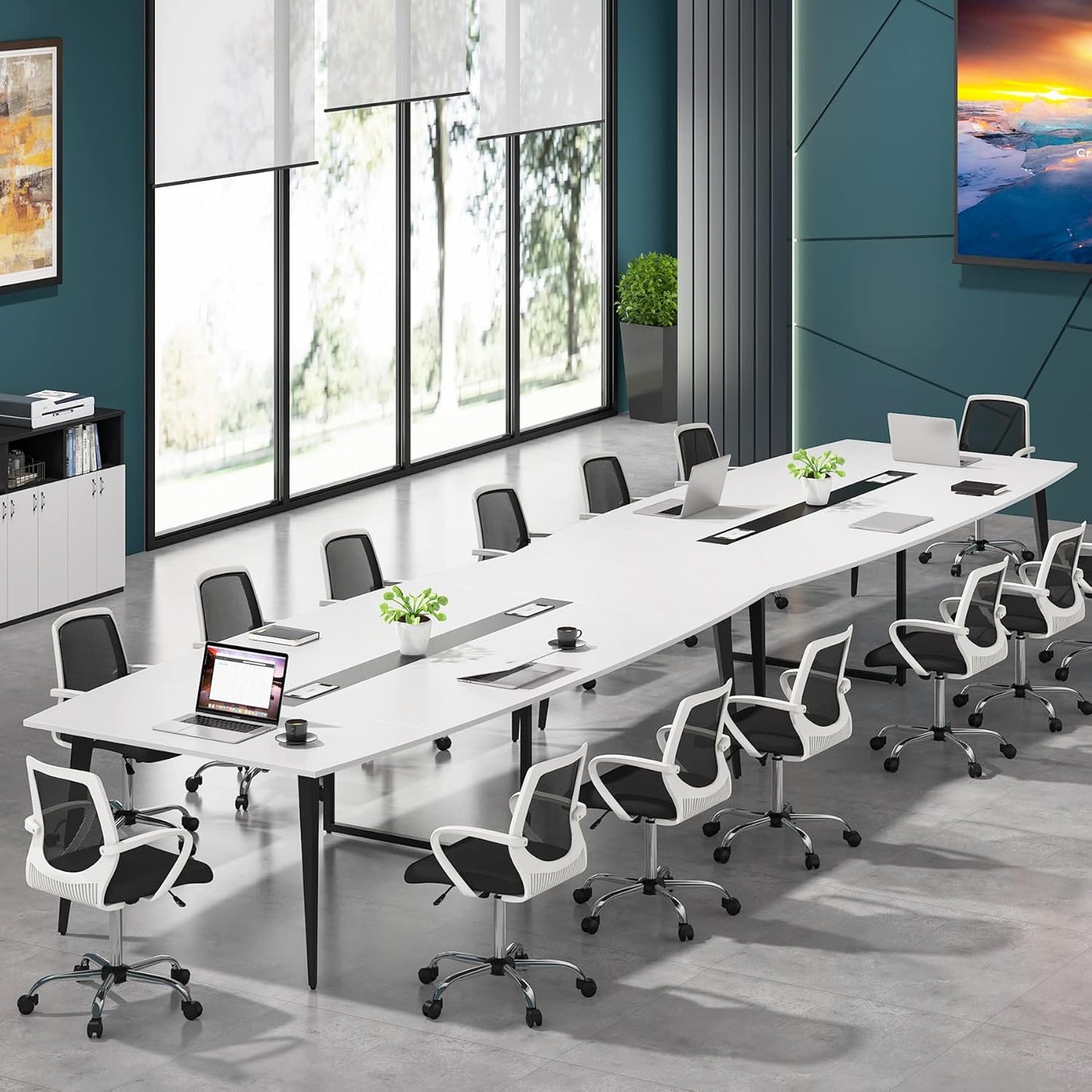 Tribesigns 8FT Conference Table, 94.48L x 47.21W x 29.52H Inches Boat Shaped Meeting Table with Rectangle Grommet, Modern Seminar Table for Office Meeting Conference Room (White & Black, 8ft)