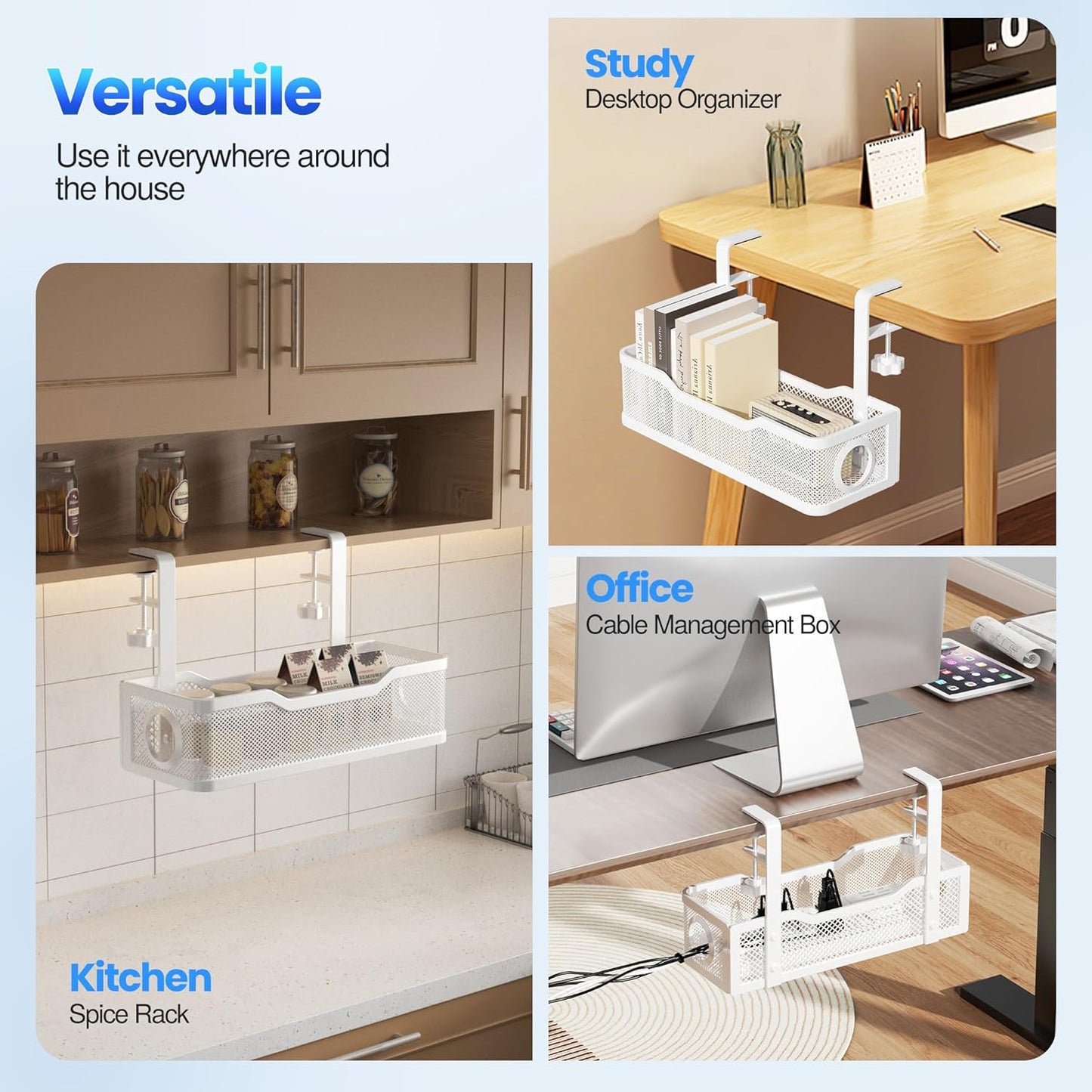 Cable Management Under Desk Tray, No Drill Cable Management Box with Clamp for Wire Organization, Cord Organizer for Office, Home - No Damage to Desk (White)