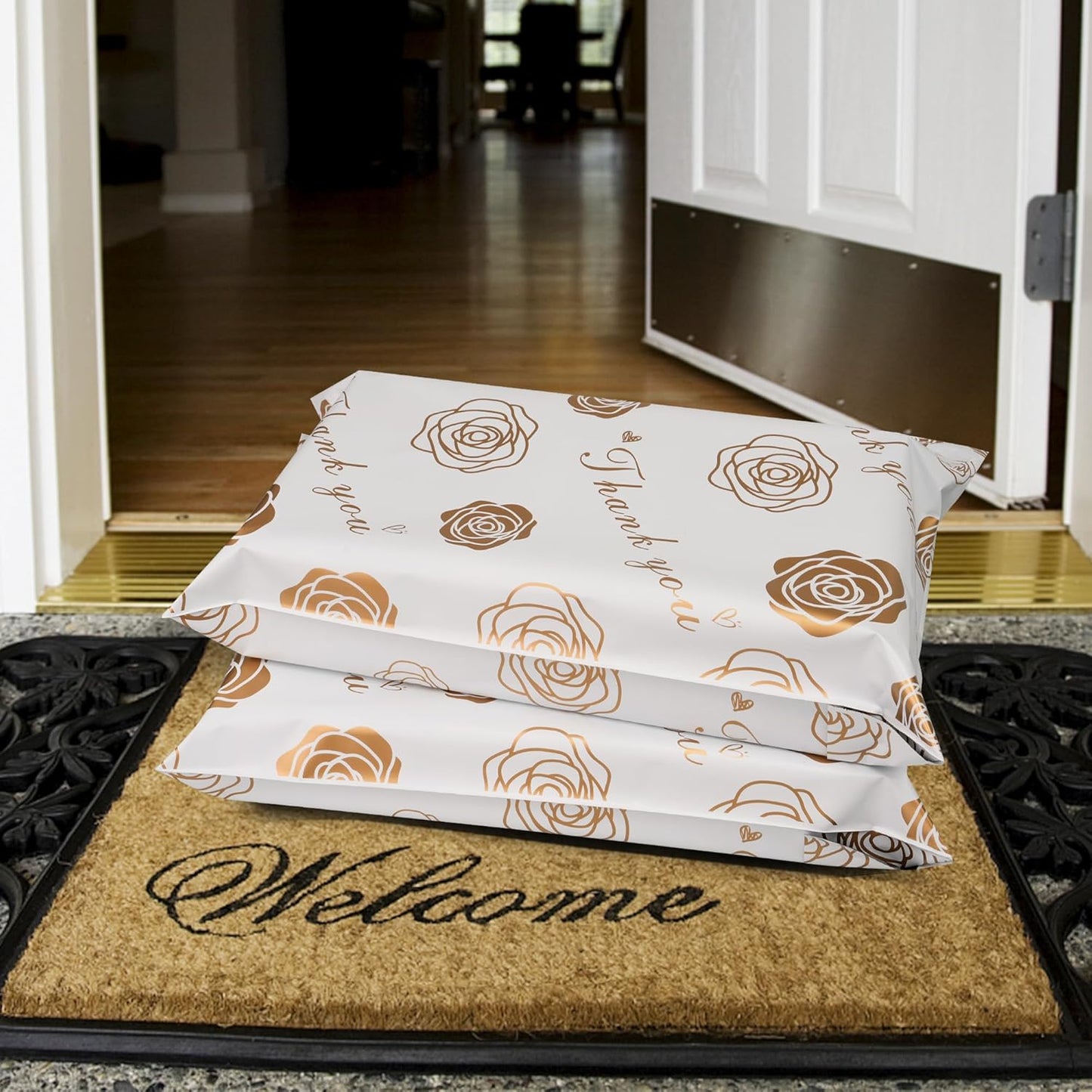 Thank You Poly Mailers 10x13 Inch 25 Pcs - Gold Rose Printed Shipping Bags for Clothing - Waterproof and Tear Resistant Mailing Envelopes - Self-Sealing Packaging Bags for Small Business