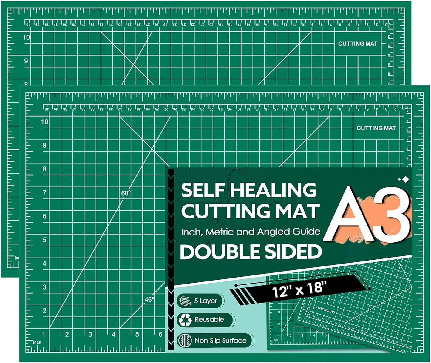 2 Packs Self Healing Cutting Mat 12" x 18" Rotary Cutting Sewing Mat A3, 5-Ply Cutting Board for Crafting, Sewing, Scrapbooking, Quilting and Precision Cutting