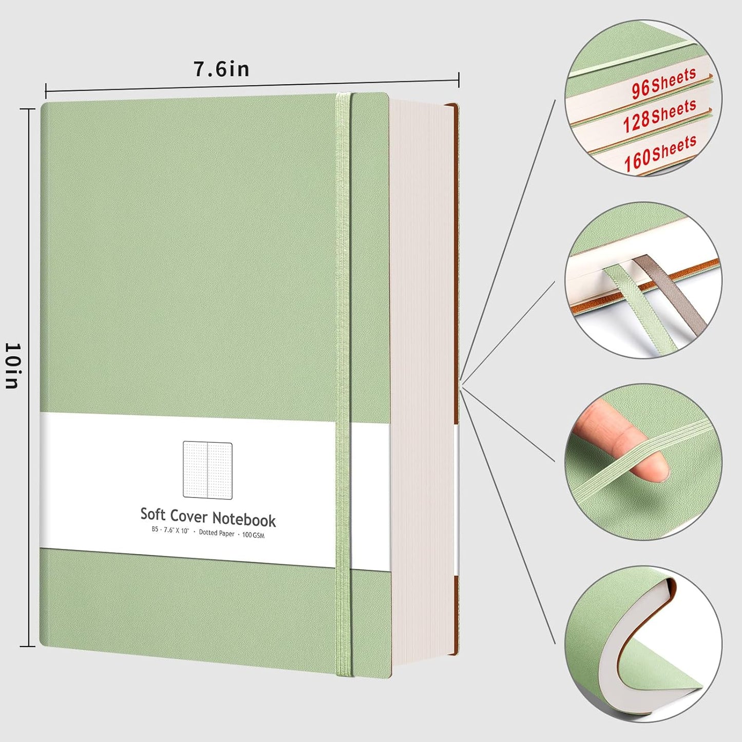 AHGXG Bullet Dotted Journal - 320 Pages Dot Grid Notebook B5 Large Journal, 100gsm Thick Dotted Paper, Leather Softcover, with Journal Stencils, Inner Pocket, 7.6'' X 10'' - LightGreen