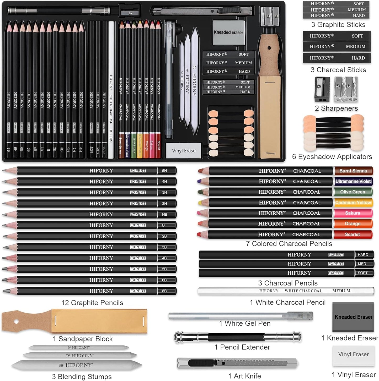 HIFORNY 46 PCS Sketching Drawing Pencil Set,Sketch Pencils Art Supplies with Colored Charcoal Pencils,Graphite,Charcoal,Blending Tools,Accessories,Drawing Kit for Adults Artists