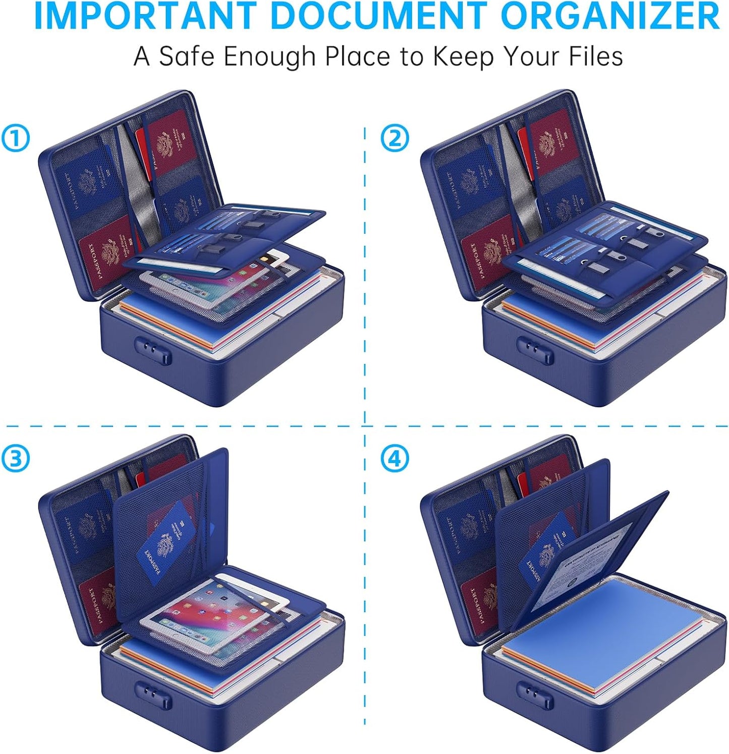 ENGPOW 5200°F Fireproof Document Bag with Lock, Upgraded Heat Insulated Fireproof＆Waterproof Box 8 Layers Document Organizer, Portable Home Travel Safe Storage Box for Important Files, Laptop, Blue